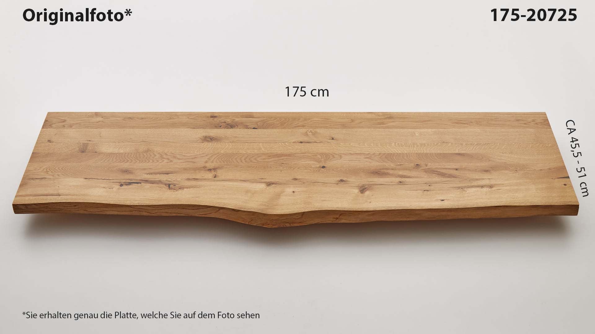 Eichenholz-Tischplatte Nummer 175-20725, Länge 175 cm cm, Breite ca. 45.5 cm–51 cm, mit gebürsteter Baumkante, geschliffen, 2 Schichten italienisches Öl, Äste und Risse mit Epoxidharz