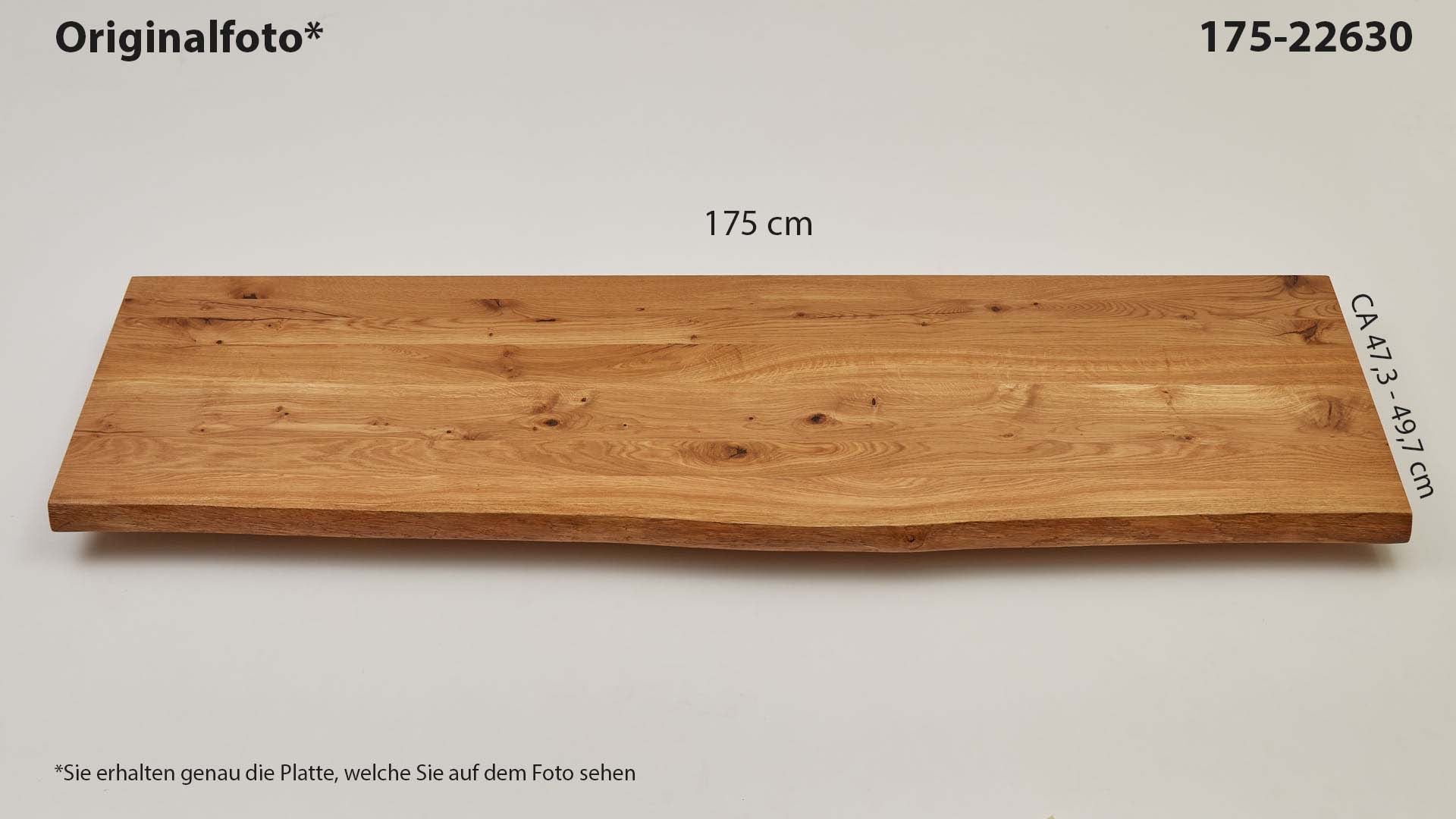 Eichenholz-Tischplatte Nummer 175-22630, Länge 175 cm cm, Breite ca. 47.3 cm–49.7 cm, mit gebürsteter Baumkante, geschliffen, 2 Schichten italienisches Öl, Äste und Risse mit Epoxidharz