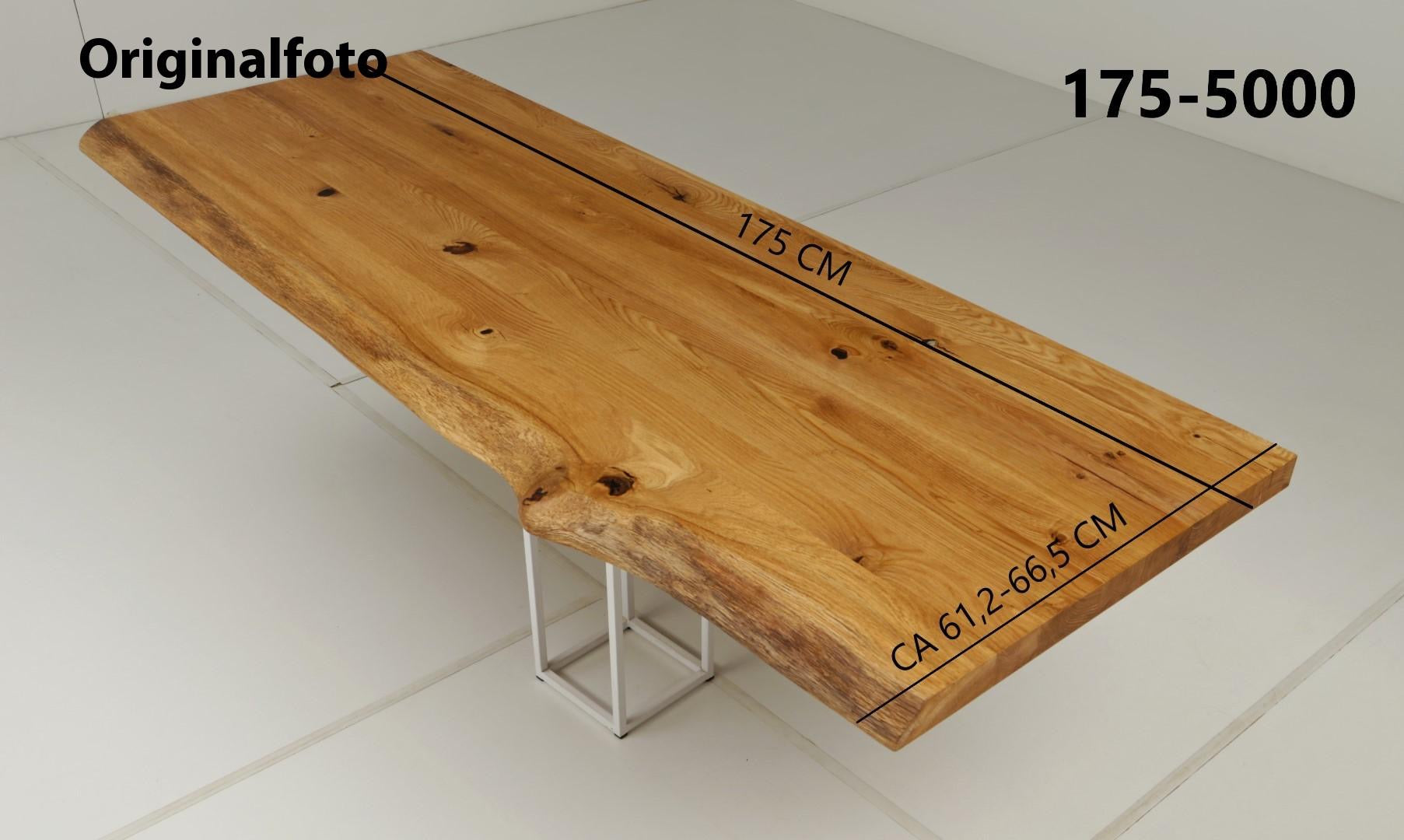 Eichenholz-Tischplatte Nummer 175-5000, Länge 175 cm cm, Breite ca. 61.2 cm–66.5 cm, mit gebürsteter Baumkante, geschliffen, 2 Schichten italienisches Öl, Äste und Risse mit Epoxidharz