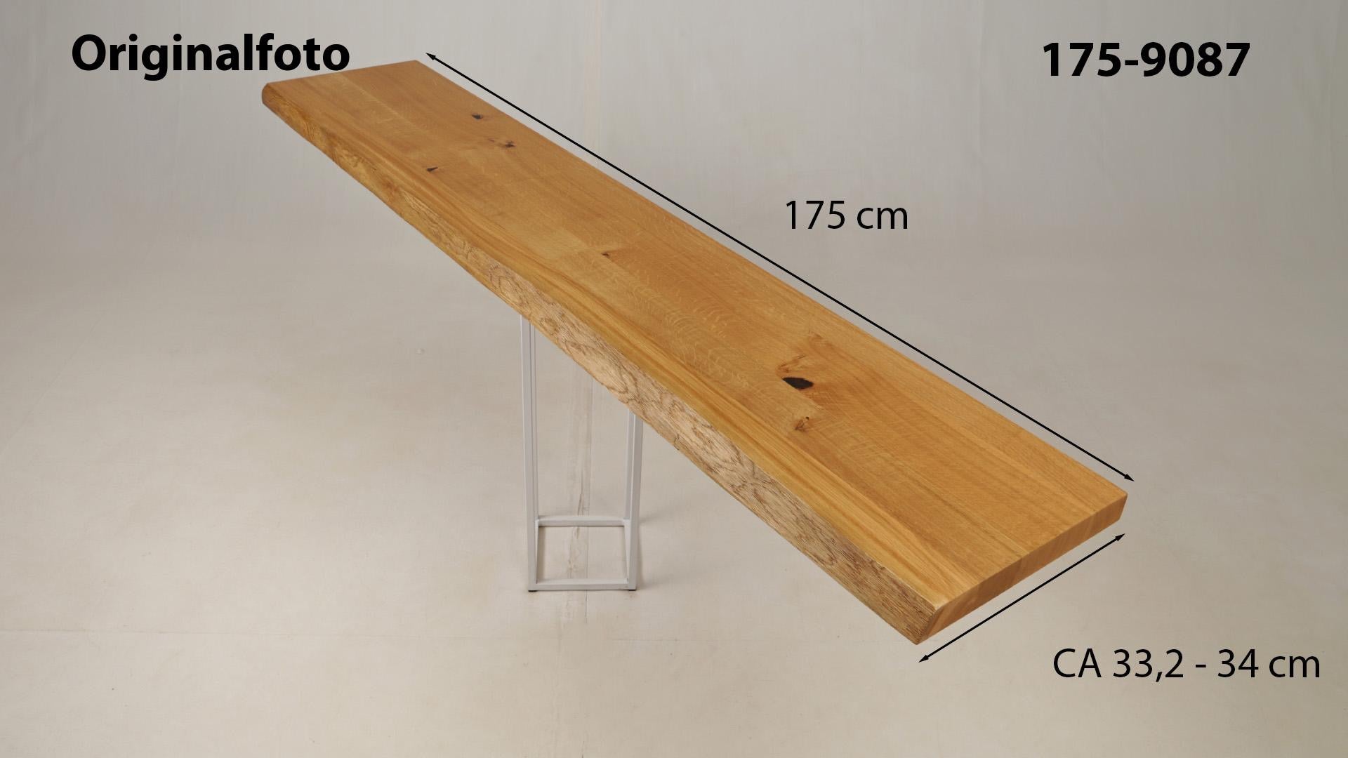 Eichenholz-Tischplatte Nummer 175-9087, Länge 175 cm cm, Breite ca. 33.2 cm–34 cm, mit gebürsteter Baumkante, geschliffen, 2 Schichten italienisches Öl, Äste und Risse mit Epoxidharz