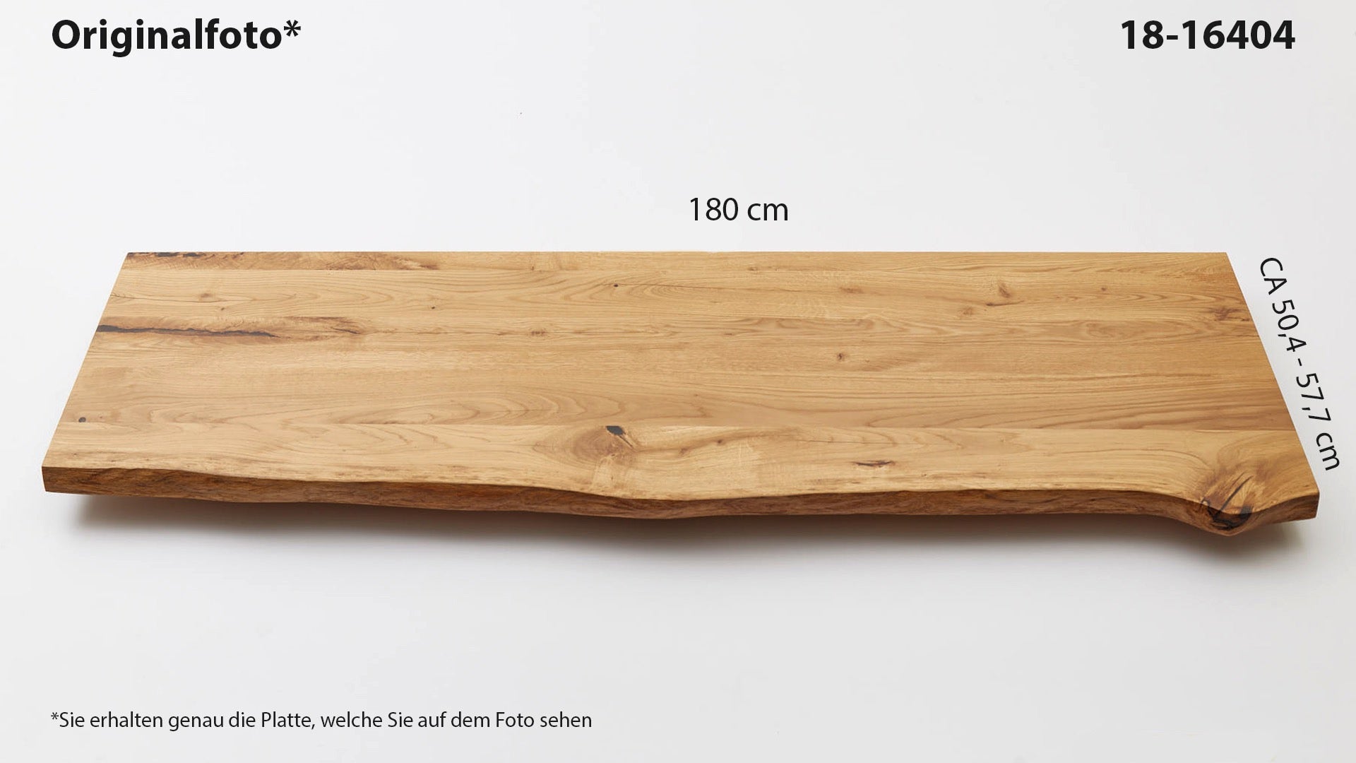 Eichenholz-Tischplatte Nummer 18-16404, Länge 180 cm cm, Breite ca. 50.4 cm–57.7 cm, mit gebürsteter Baumkante, geschliffen, 2 Schichten italienisches Öl, Äste und Risse mit Epoxidharz
