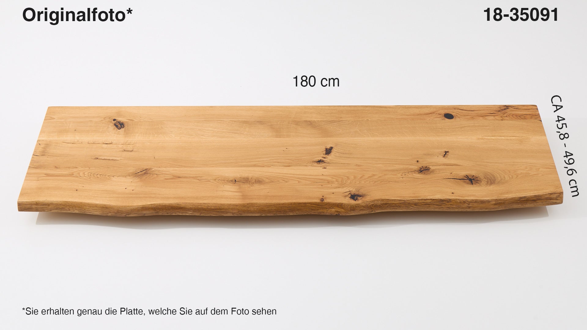Eichenholz-Tischplatte Nummer 18-35091, Länge 180 cm cm, Breite ca. 45.8 cm–49.6 cm, mit gebürsteter Baumkante, geschliffen, 2 Schichten italienisches Öl, Äste und Risse mit Epoxidharz