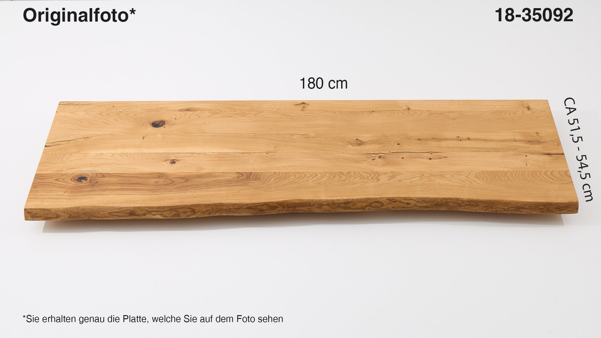 Eichenholz-Tischplatte Nummer 18-35092, Länge 180 cm cm, Breite ca. 51.5 cm–54.5 cm, mit gebürsteter Baumkante, geschliffen, 2 Schichten italienisches Öl, Äste und Risse mit Epoxidharz