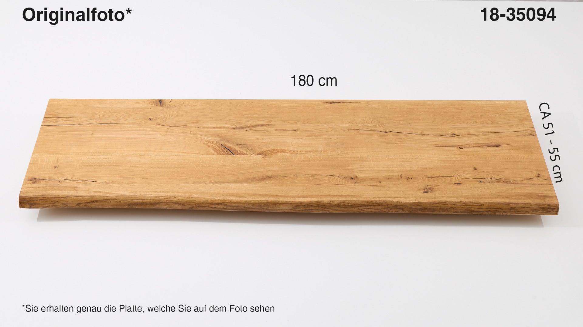 Eichenholz-Tischplatte Nummer 18-35094, Länge 180 cm cm, Breite ca. 51 cm–55 cm, mit gebürsteter Baumkante, geschliffen, 2 Schichten italienisches Öl, Äste und Risse mit Epoxidharz