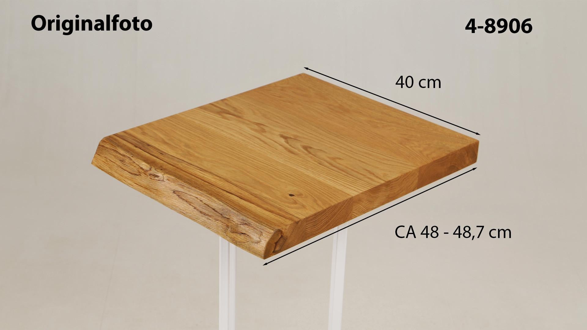 Eichenholz-Tischplatte Nummer 4-8906, Länge 40 cm cm, Breite ca. 48 cm–48.7 cm, mit gebürsteter Baumkante, geschliffen, 2 Schichten italienisches Öl, Äste und Risse mit Epoxidharz