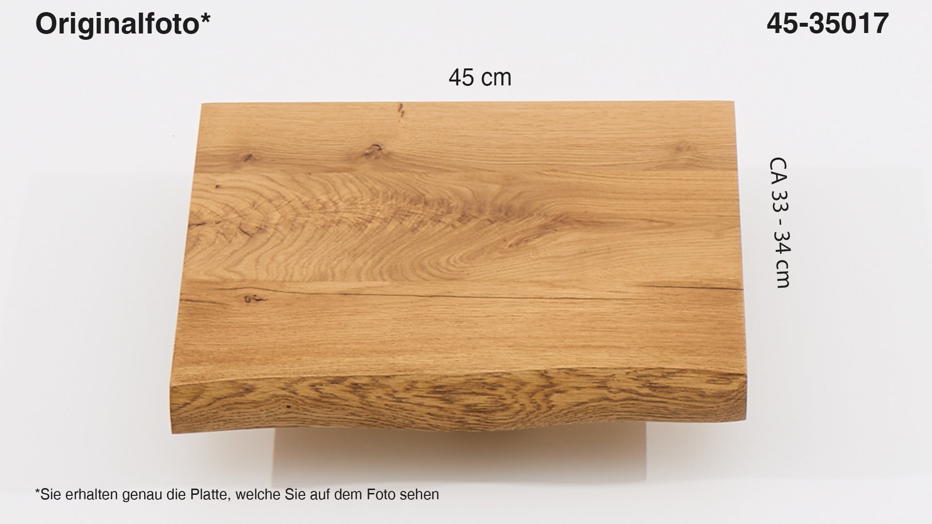 Eichenholz-Tischplatte Nummer 45-35017, Länge 45 cm cm, Breite ca. 33 cm–34 cm, mit gebürsteter Baumkante, geschliffen, 2 Schichten italienisches Öl, Äste und Risse mit Epoxidharz