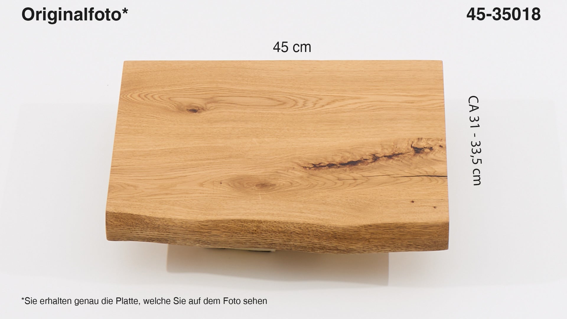 Eichenholz-Tischplatte Nummer 45-35018, Länge 45 cm cm, Breite ca. 31 cm–33.5 cm, mit gebürsteter Baumkante, geschliffen, 2 Schichten italienisches Öl, Äste und Risse mit Epoxidharz