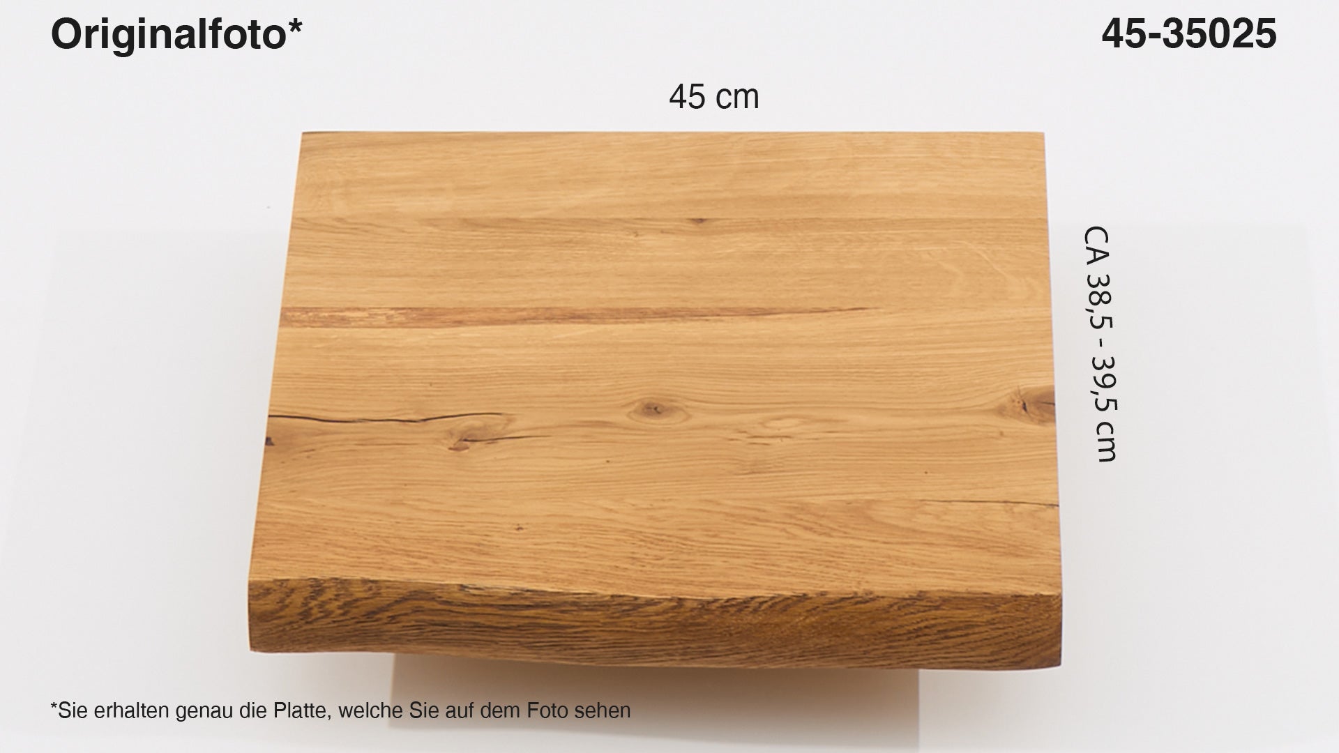 Eichenholz-Tischplatte Nummer 45-35025, Länge 45 cm cm, Breite ca. 38.5 cm–39.5 cm, mit gebürsteter Baumkante, geschliffen, 2 Schichten italienisches Öl, Äste und Risse mit Epoxidharz