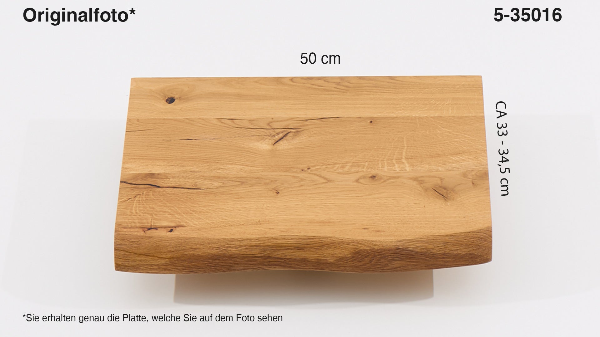 Eichenholz-Tischplatte Nummer 5-35016, Länge 50 cm cm, Breite ca. 33 cm–34.5 cm, mit gebürsteter Baumkante, geschliffen, 2 Schichten italienisches Öl, Äste und Risse mit Epoxidharz