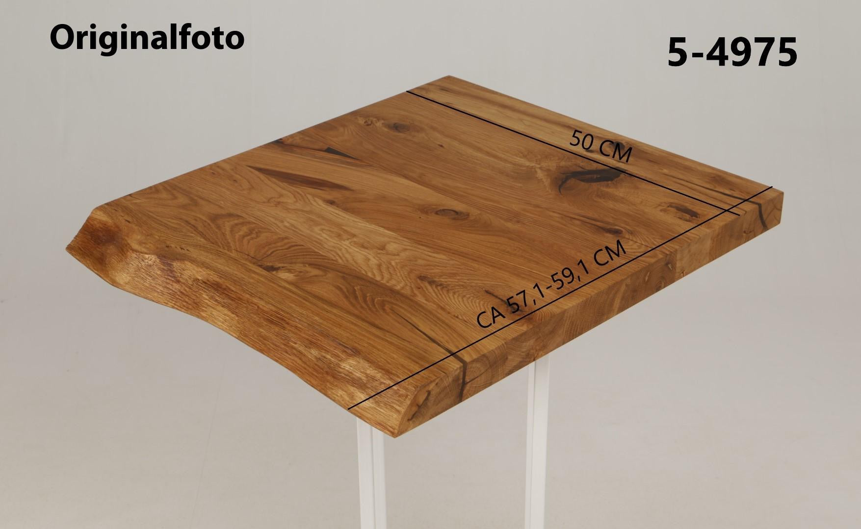 Eichenholz-Tischplatte Nummer 5-4975, Länge 50 cm cm, Breite ca. 57.1 cm–59.1 cm, mit gebürsteter Baumkante, geschliffen, 2 Schichten italienisches Öl, Äste und Risse mit Epoxidharz