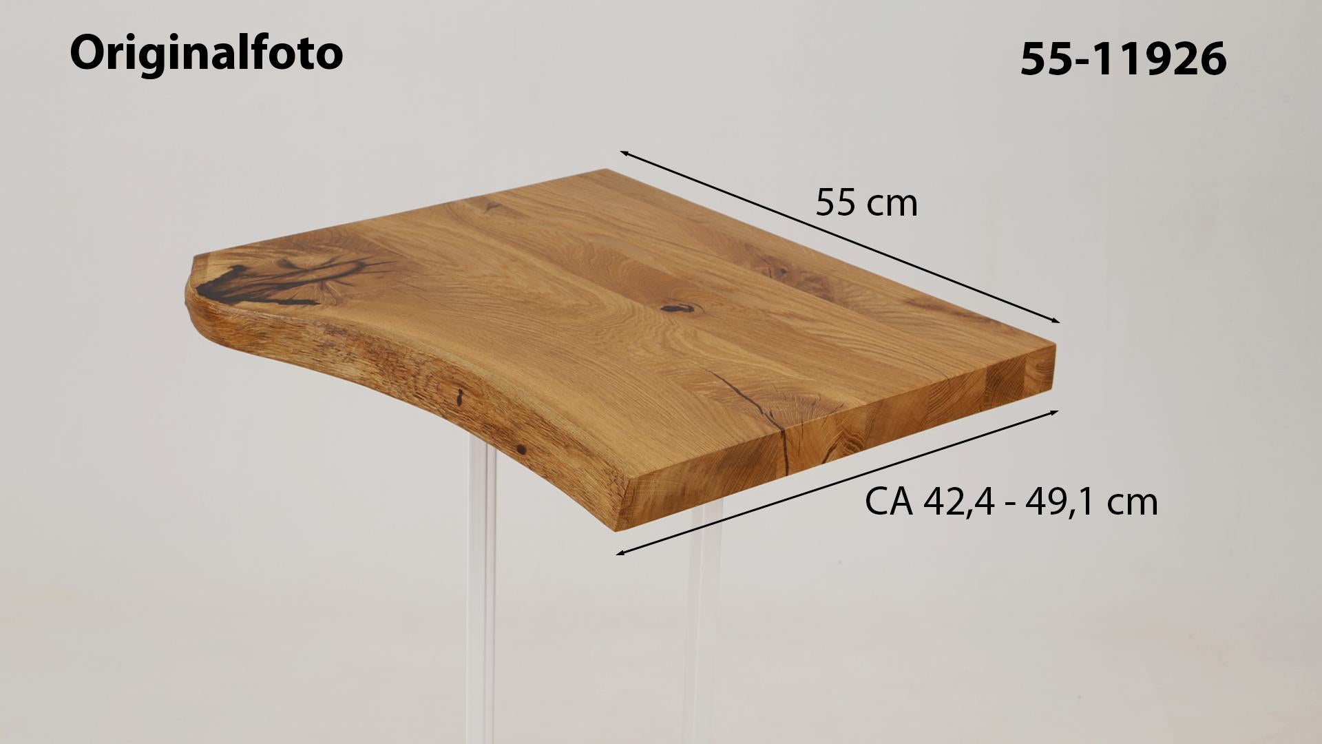 Eichenholz-Tischplatte Nummer 55-11926, Länge 55 cm cm, Breite ca. 42.4 cm–49.1 cm, mit gebürsteter Baumkante, geschliffen, 2 Schichten italienisches Öl, Äste und Risse mit Epoxidharz