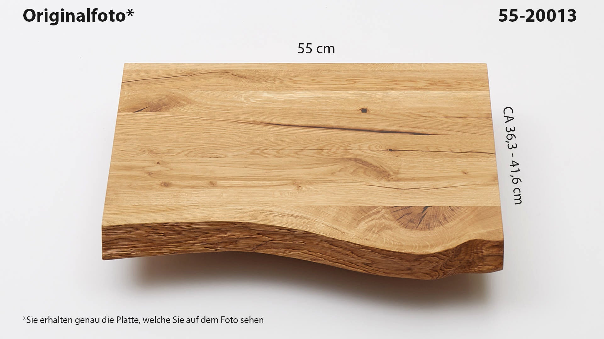 Eichenholz-Tischplatte Nummer 55-20013, Länge 55 cm cm, Breite ca. 36.3 cm–41.6 cm, mit gebürsteter Baumkante, geschliffen, 2 Schichten italienisches Öl, Äste und Risse mit Epoxidharz
