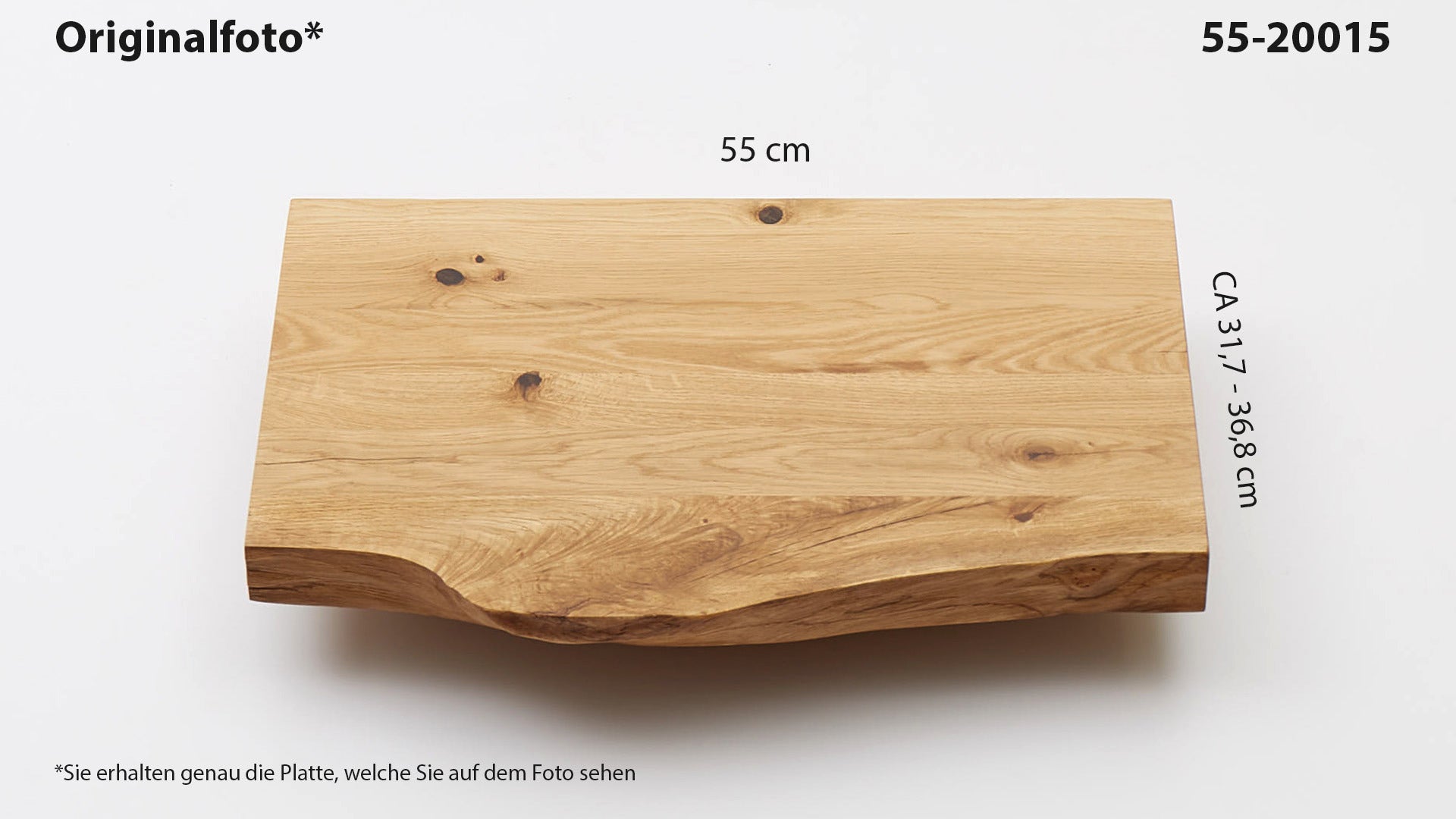 Eichenholz-Tischplatte Nummer 55-20015, Länge 55 cm cm, Breite ca. 31.7 cm–36.8 cm, mit gebürsteter Baumkante, geschliffen, 2 Schichten italienisches Öl, Äste und Risse mit Epoxidharz