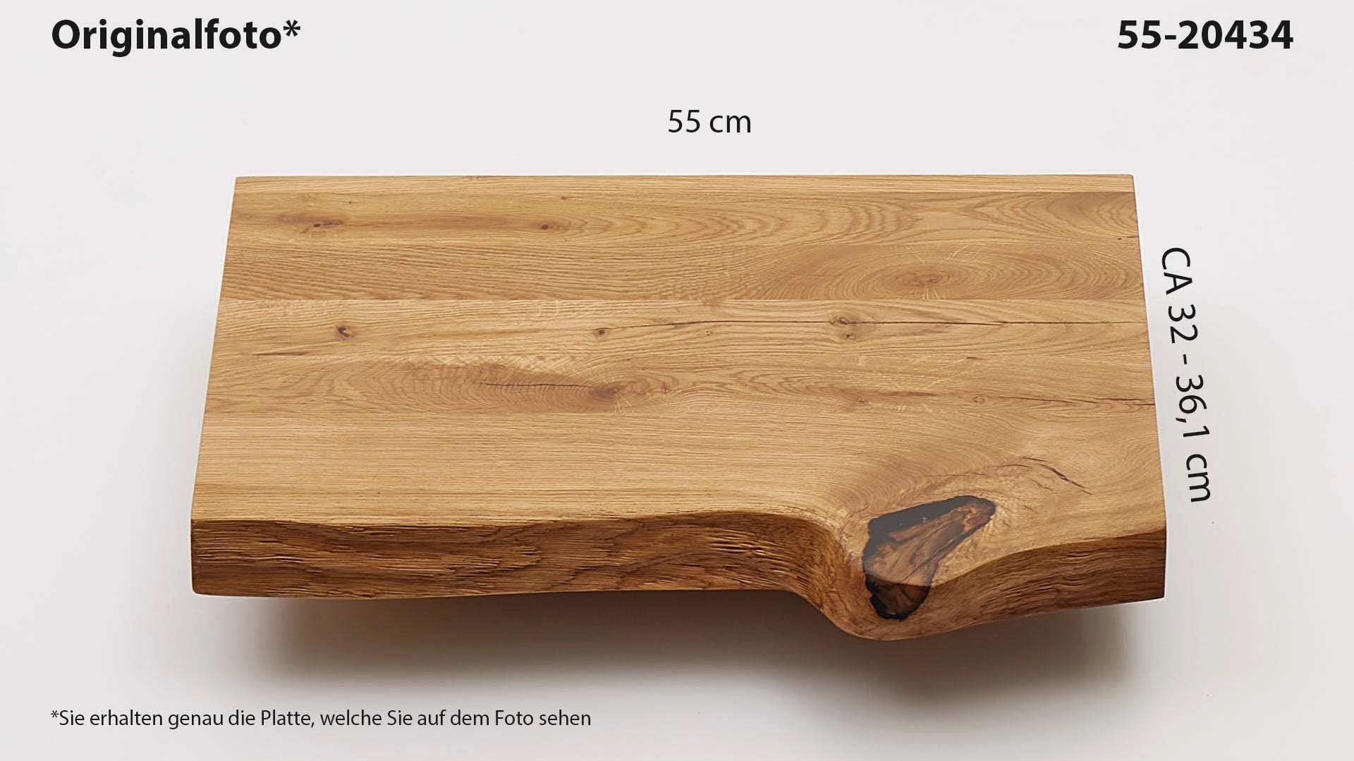 Eichenholz-Tischplatte Nummer 55-20434, Länge 55 cm cm, Breite ca. 32 cm–36.1 cm, mit gebürsteter Baumkante, geschliffen, 2 Schichten italienisches Öl, Äste und Risse mit Epoxidharz