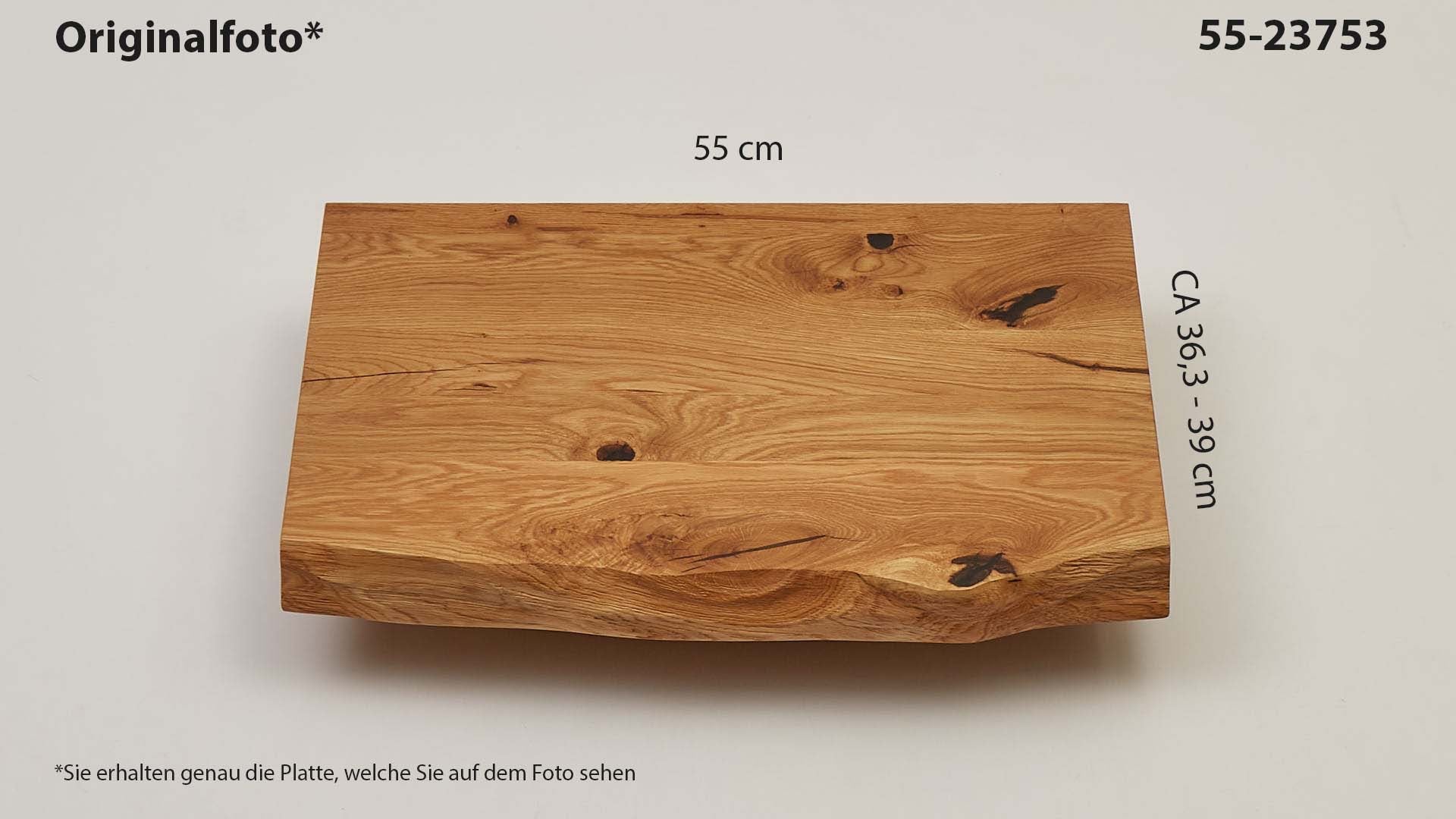 Eichenholz-Tischplatte Nummer 55-23753, Länge 55 cm cm, Breite ca. 36.3 cm–39 cm, mit gebürsteter Baumkante, geschliffen, 2 Schichten italienisches Öl, Äste und Risse mit Epoxidharz