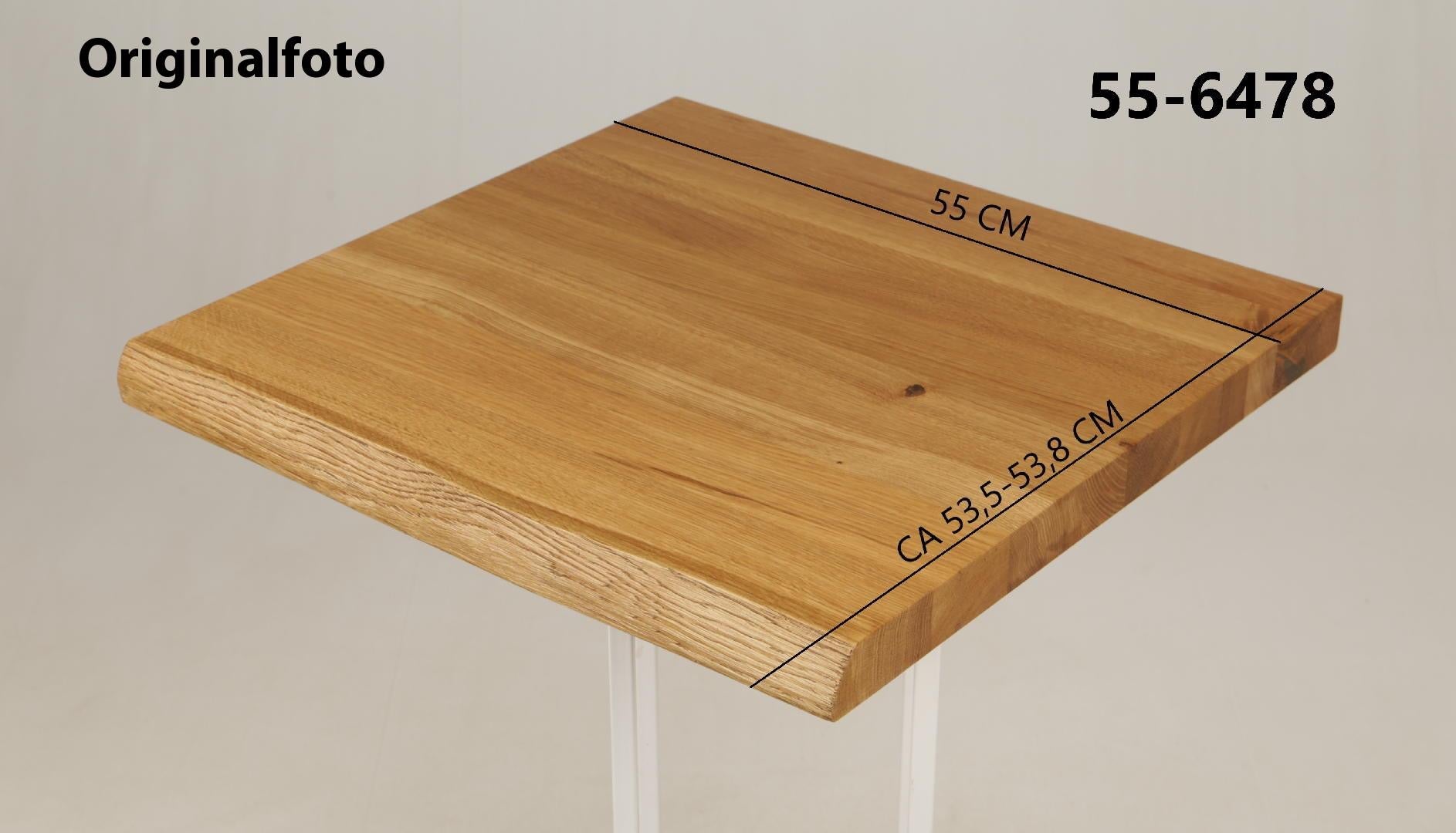 Eichenholz-Tischplatte Nummer 55-6478, Länge 55 cm cm, Breite ca. 53.5 cm–53.8 cm, mit gebürsteter Baumkante, geschliffen, 2 Schichten italienisches Öl, Äste und Risse mit Epoxidharz