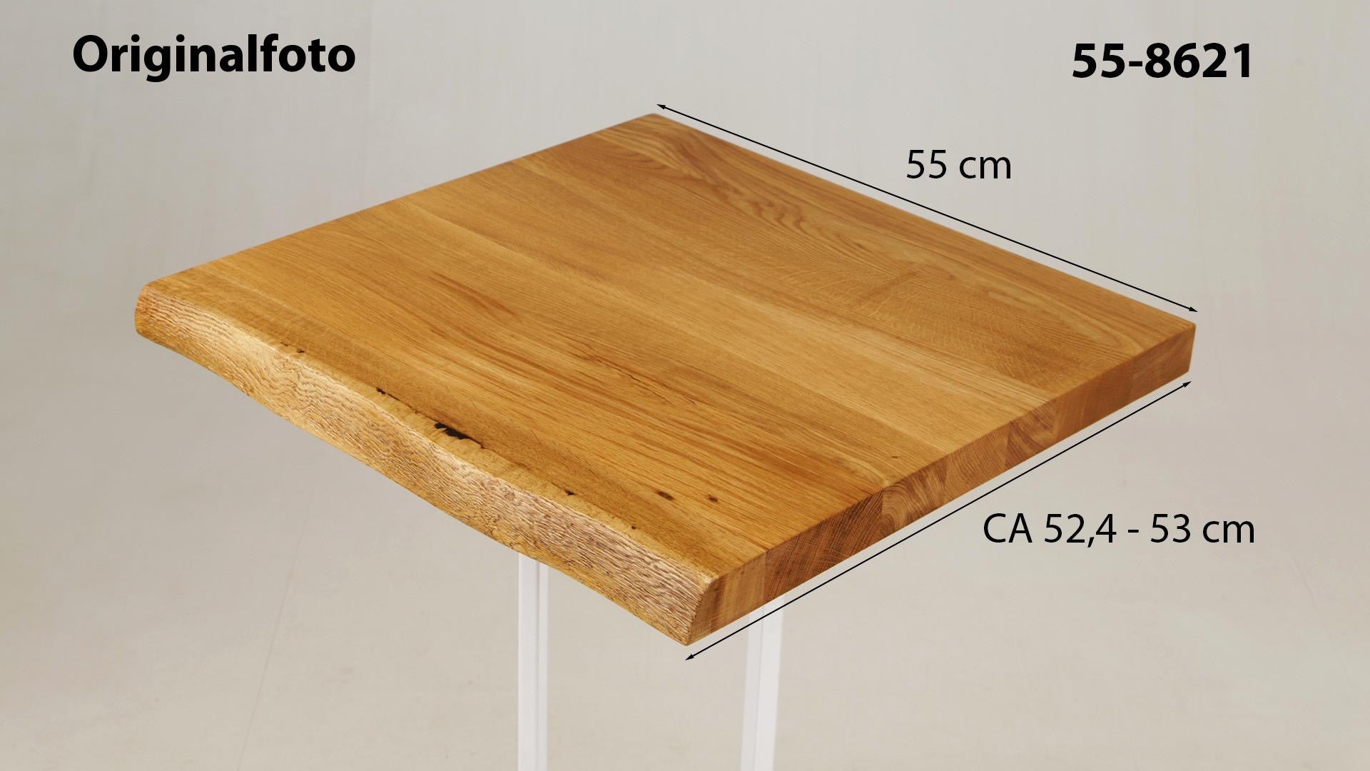 Eichenholz-Tischplatte Nummer 55-8621, Länge 55 cm cm, Breite ca. 52.4 cm–53 cm, mit gebürsteter Baumkante, geschliffen, 2 Schichten italienisches Öl, Äste und Risse mit Epoxidharz