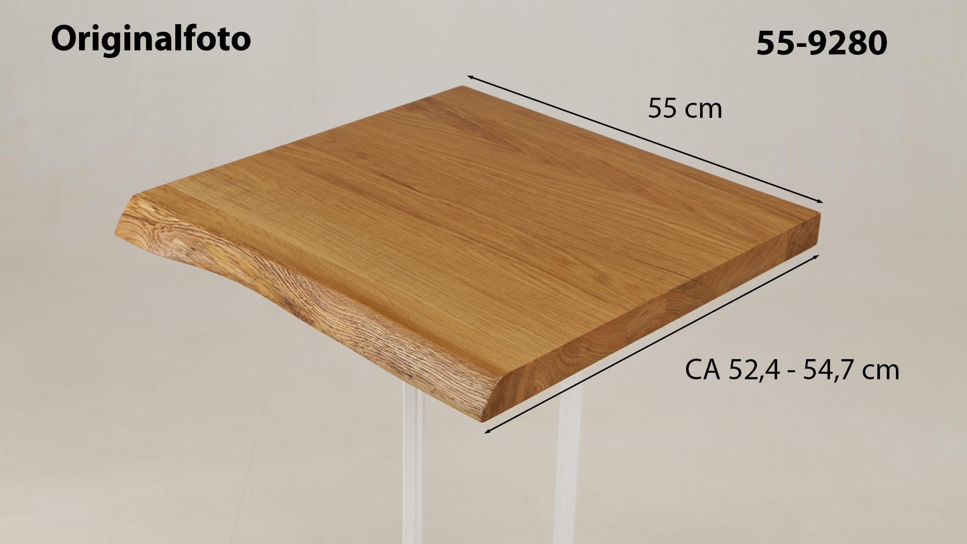 Eichenholz-Tischplatte Nummer 55-9280, Länge 55 cm cm, Breite ca. 52.4 cm–54.7 cm, mit gebürsteter Baumkante, geschliffen, 2 Schichten italienisches Öl, Äste und Risse mit Epoxidharz