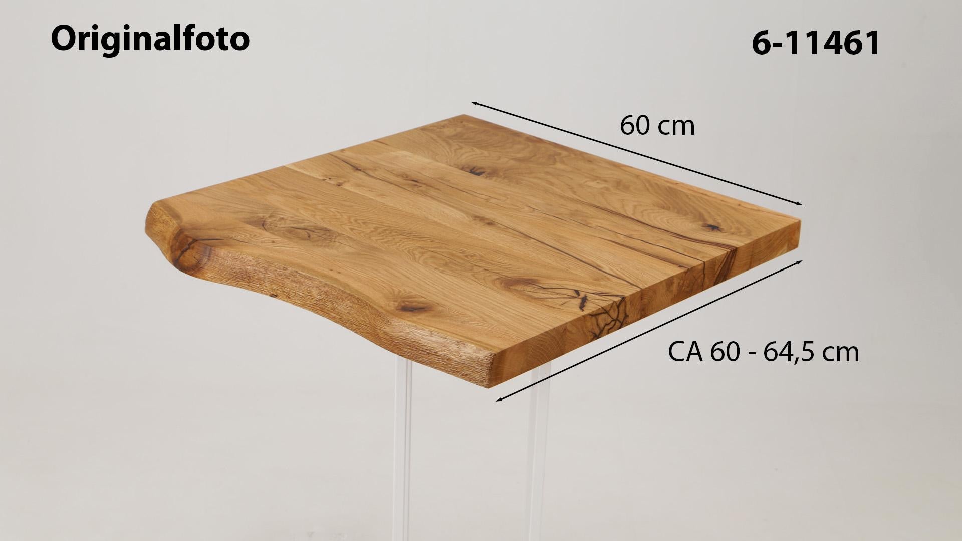 Eichenholz-Tischplatte Nummer 6-11461, Länge 60 cm cm, Breite ca. 60 cm–64.5 cm, mit gebürsteter Baumkante, geschliffen, 2 Schichten italienisches Öl, Äste und Risse mit Epoxidharz