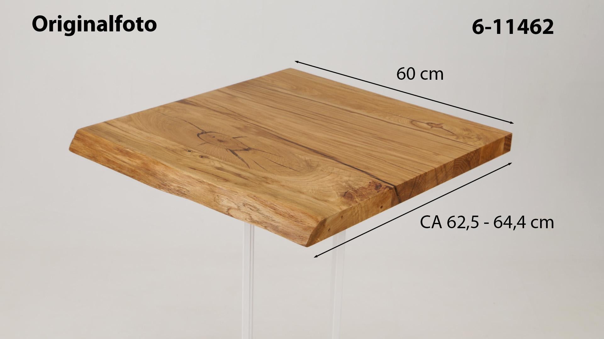 Eichenholz-Tischplatte Nummer 6-11462, Länge 60 cm cm, Breite ca. 62.5 cm–64.4 cm, mit gebürsteter Baumkante, geschliffen, 2 Schichten italienisches Öl, Äste und Risse mit Epoxidharz