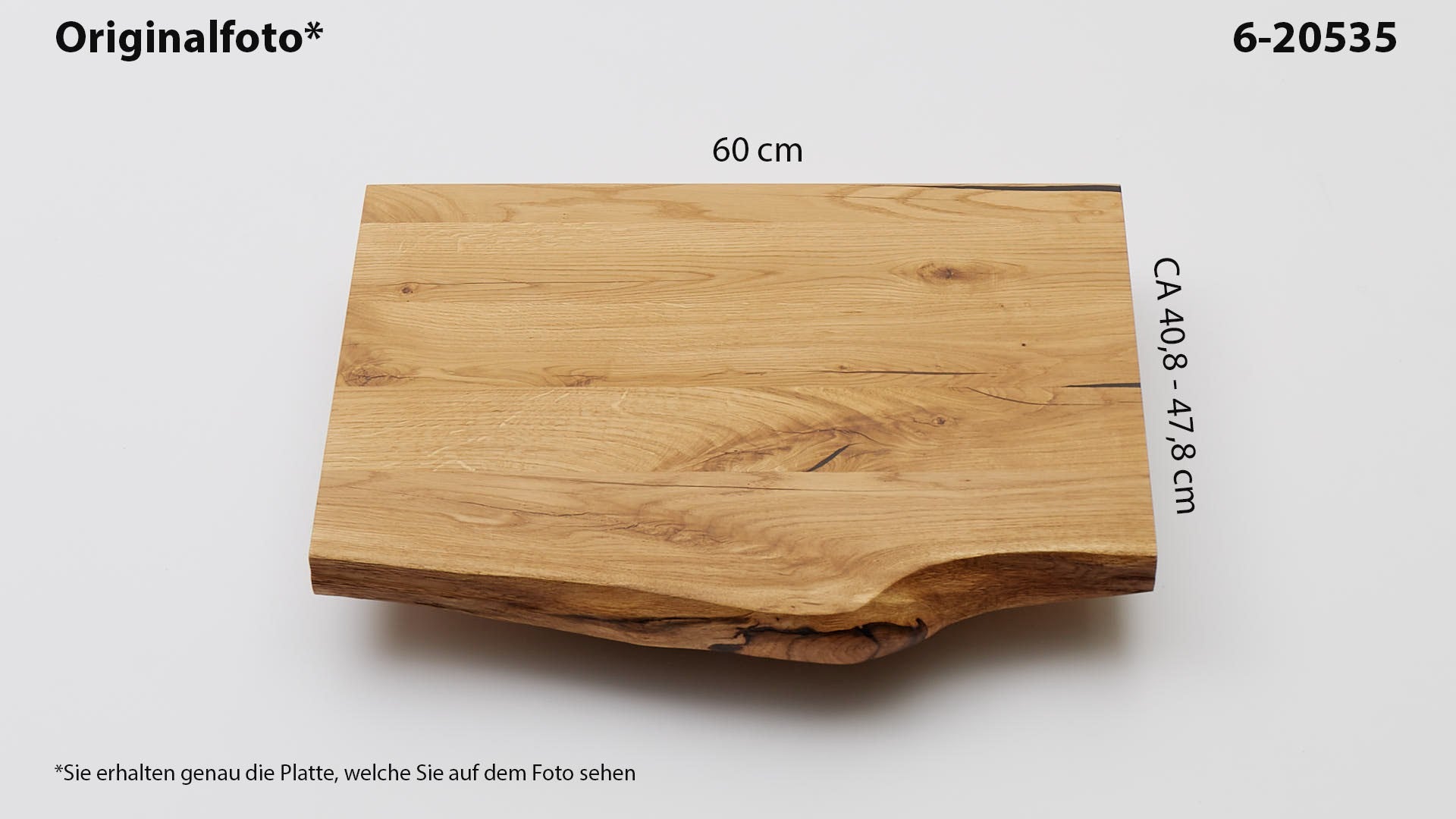 Eichenholz-Tischplatte Nummer 6-20535, Länge 60 cm cm, Breite ca. 40.8 cm–47.8 cm, mit gebürsteter Baumkante, geschliffen, 2 Schichten italienisches Öl, Äste und Risse mit Epoxidharz