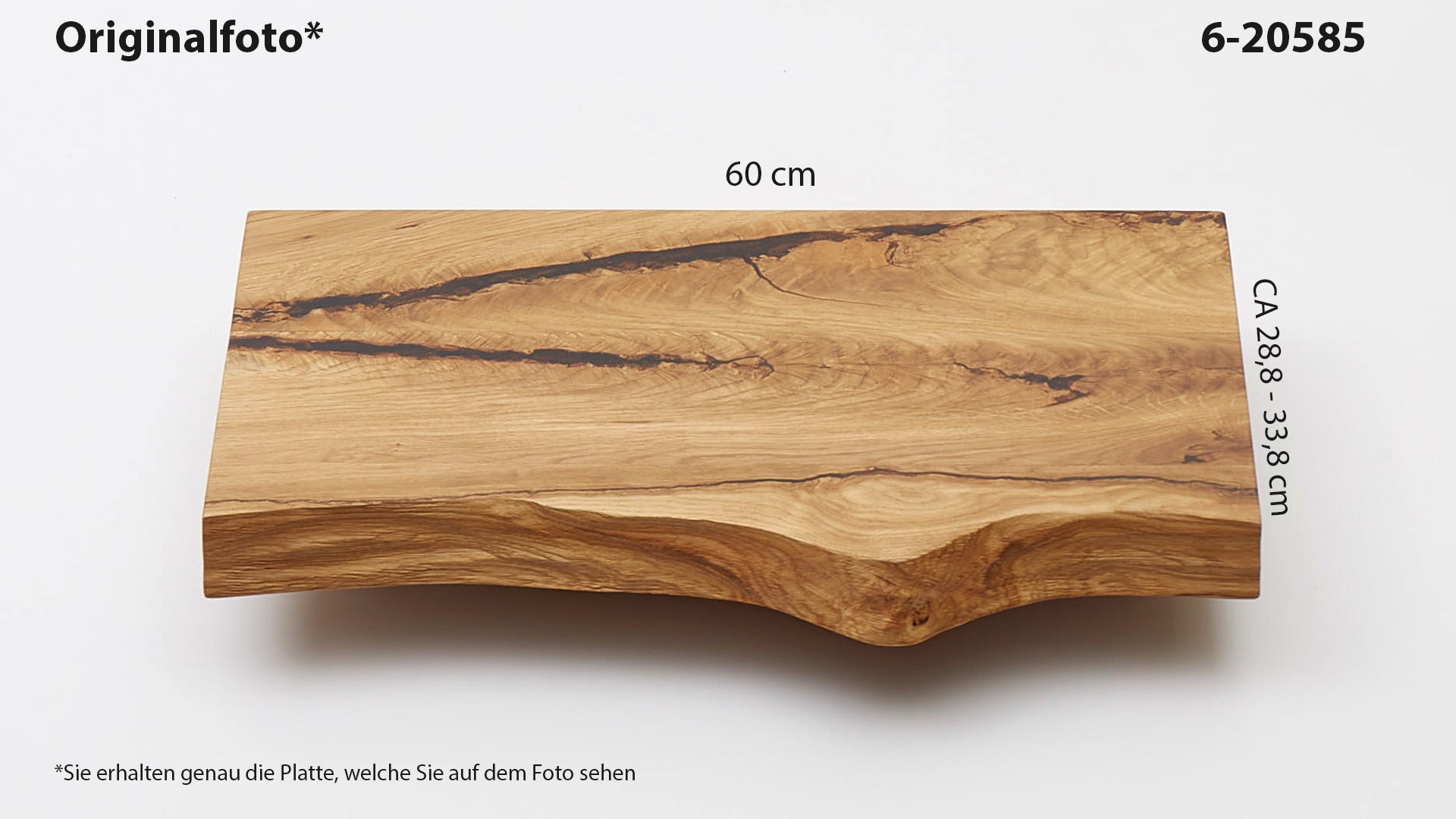 Eichenholz-Tischplatte Nummer 6-20585, Länge 60 cm cm, Breite ca. 28.8 cm–33.8 cm, mit gebürsteter Baumkante, geschliffen, 2 Schichten italienisches Öl, Äste und Risse mit Epoxidharz