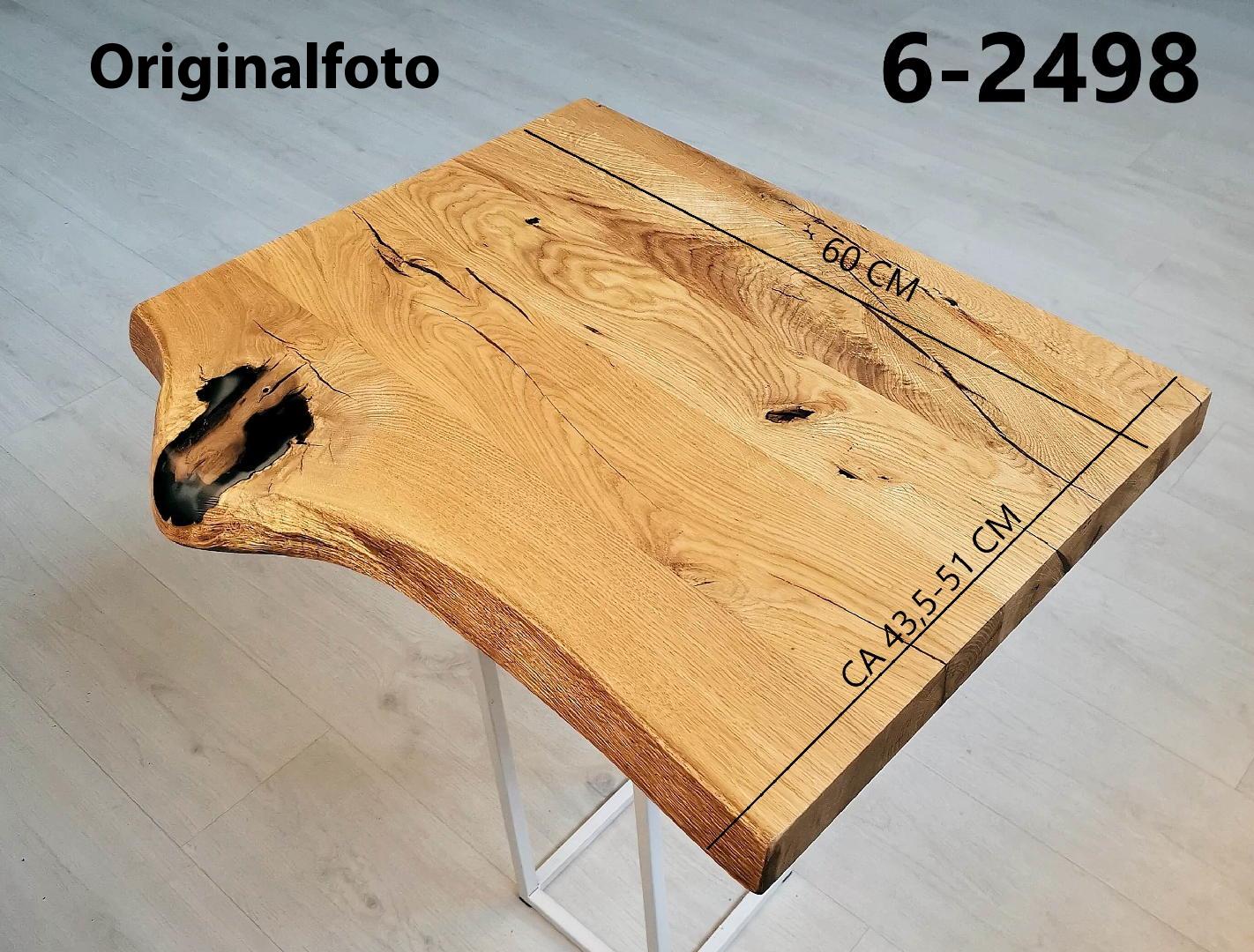 Eichenholz-Tischplatte Nummer 6-2498, Länge 60 cm cm, Breite ca. 43.5 cm–51 cm, mit gebürsteter Baumkante, geschliffen, 2 Schichten italienisches Öl, Äste und Risse mit Epoxidharz