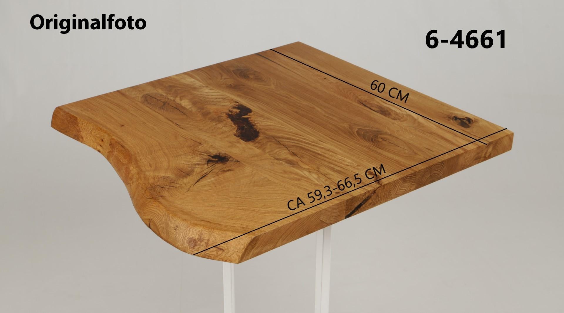 Eichenholz-Tischplatte Nummer 6-4661, Länge 60 cm cm, Breite ca. 59.3 cm–66.5 cm, mit gebürsteter Baumkante, geschliffen, 2 Schichten italienisches Öl, Äste und Risse mit Epoxidharz
