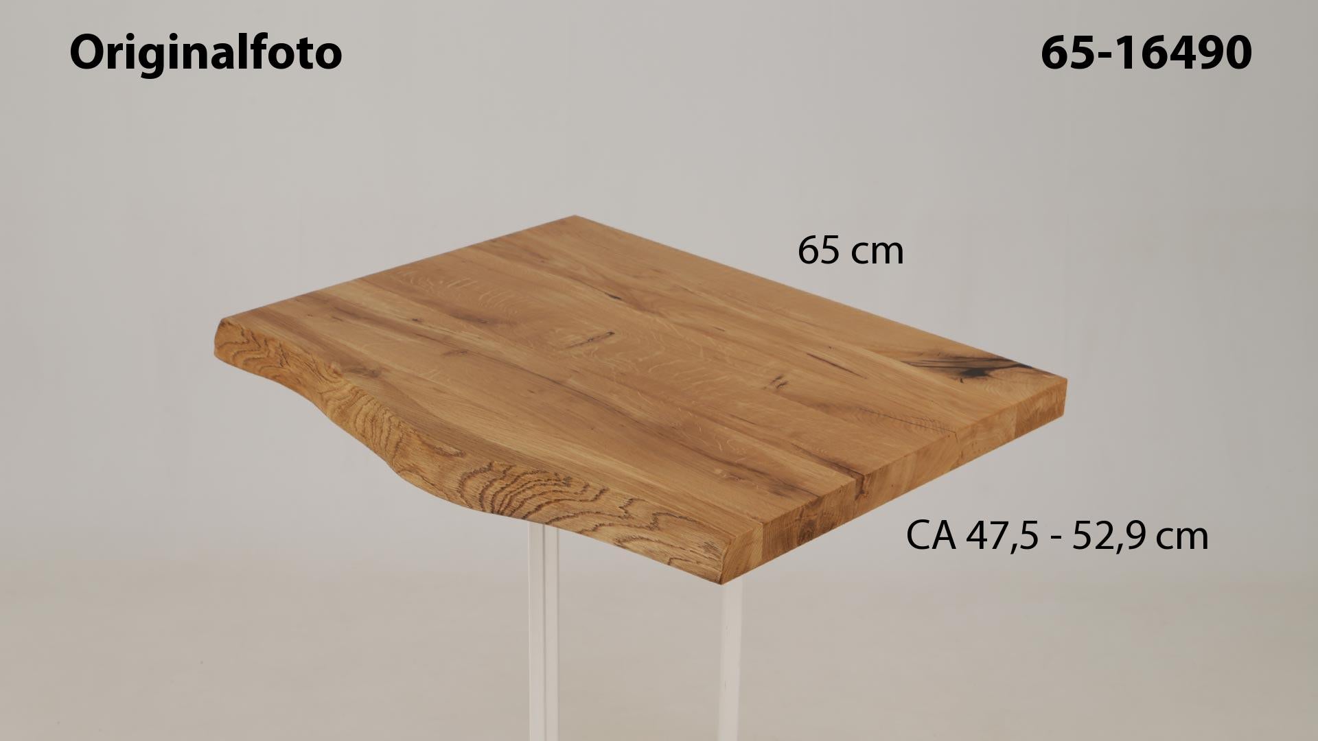 Eichenholz-Tischplatte Nummer 65-16490, Länge 65 cm cm, Breite ca. 47.5 cm–52.9 cm, mit gebürsteter Baumkante, geschliffen, 2 Schichten italienisches Öl, Äste und Risse mit Epoxidharz