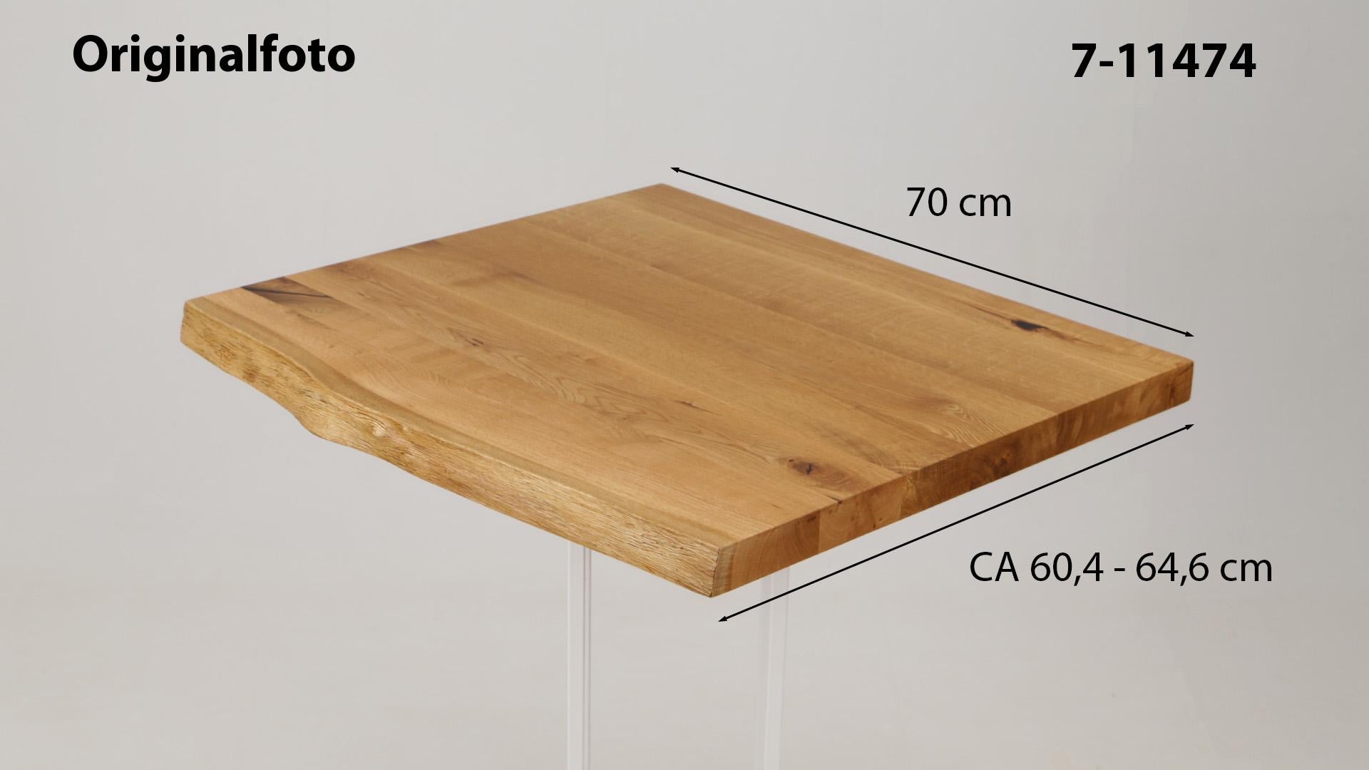 Eichenholz-Tischplatte Nummer 7-11474, Länge 70 cm cm, Breite ca. 60.4 cm–64.6 cm, mit gebürsteter Baumkante, geschliffen, 2 Schichten italienisches Öl, Äste und Risse mit Epoxidharz