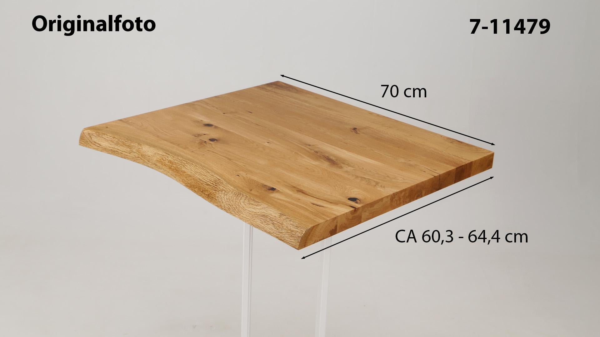 Eichenholz-Tischplatte Nummer 7-11479, Länge 70 cm cm, Breite ca. 60.3 cm–64.4 cm, mit gebürsteter Baumkante, geschliffen, 2 Schichten italienisches Öl, Äste und Risse mit Epoxidharz