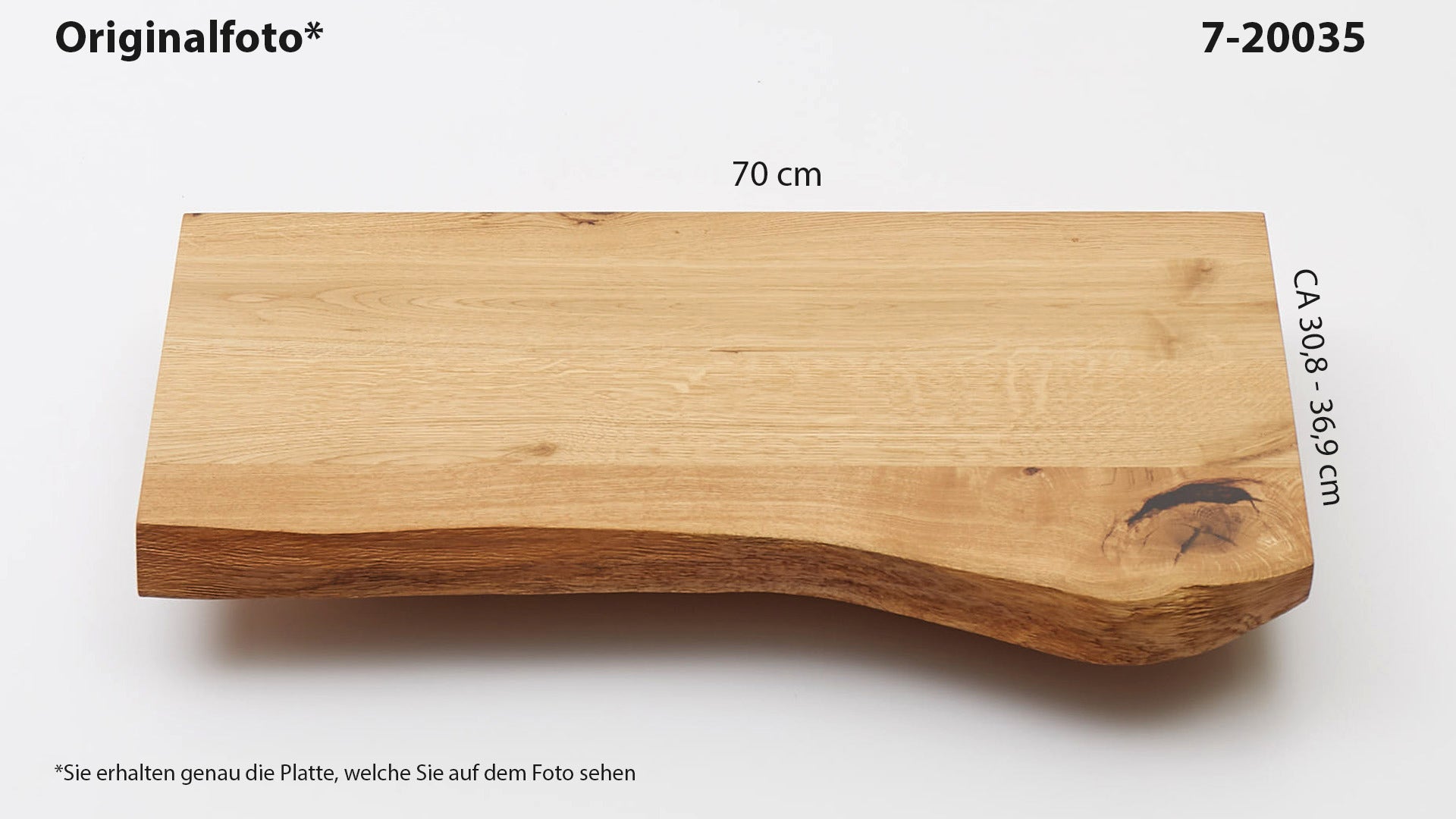 Eichenholz-Tischplatte Nummer 7-20035, Länge 70 cm cm, Breite ca. 30.8 cm–36.9 cm, mit gebürsteter Baumkante, geschliffen, 2 Schichten italienisches Öl, Äste und Risse mit Epoxidharz