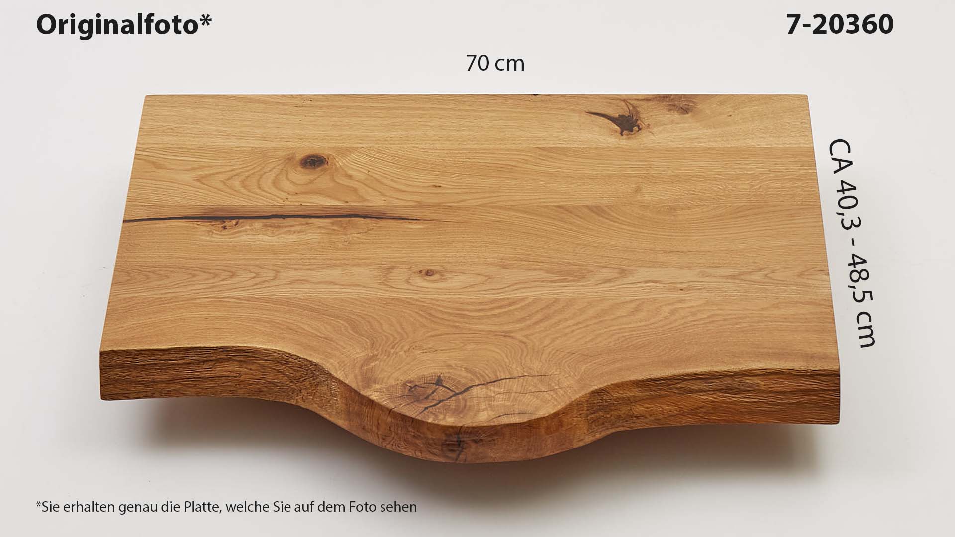 Eichenholz-Tischplatte Nummer 7-20360, Länge 70 cm cm, Breite ca. 40.3 cm–48.5 cm, mit gebürsteter Baumkante, geschliffen, 2 Schichten italienisches Öl, Äste und Risse mit Epoxidharz