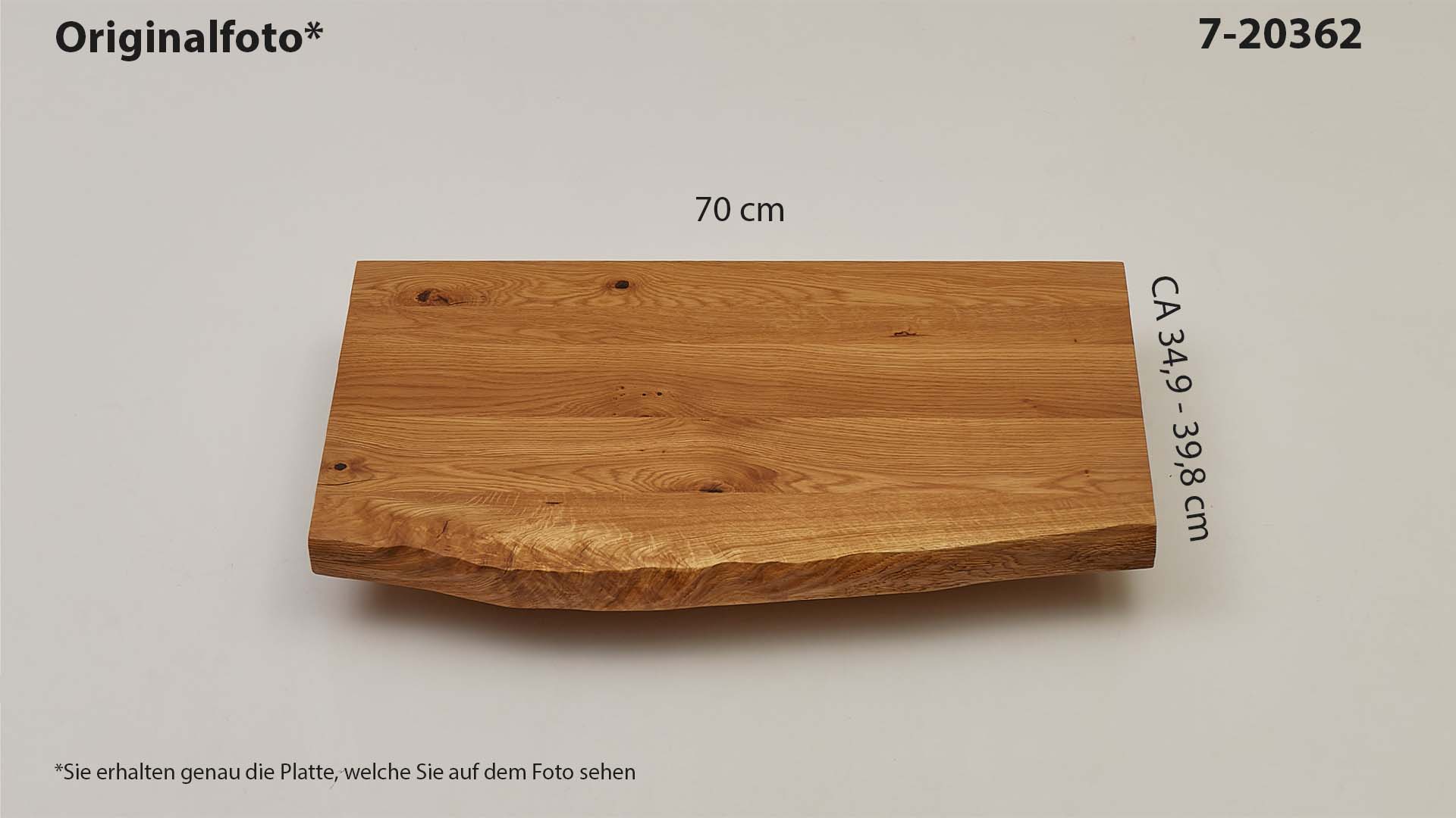 Eichenholz-Tischplatte Nummer 7-20362, Länge 70 cm cm, Breite ca. 34.9 cm–47.2 cm, mit gebürsteter Baumkante, geschliffen, 2 Schichten italienisches Öl, Äste und Risse mit Epoxidharz