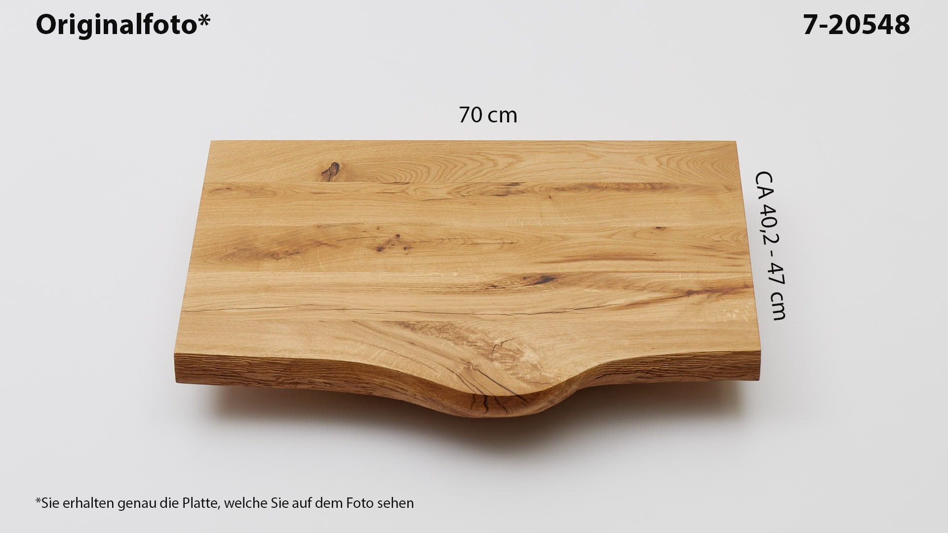 Eichenholz-Tischplatte Nummer 7-20548, Länge 70 cm cm, Breite ca. 40.2 cm–47 cm, mit gebürsteter Baumkante, geschliffen, 2 Schichten italienisches Öl, Äste und Risse mit Epoxidharz