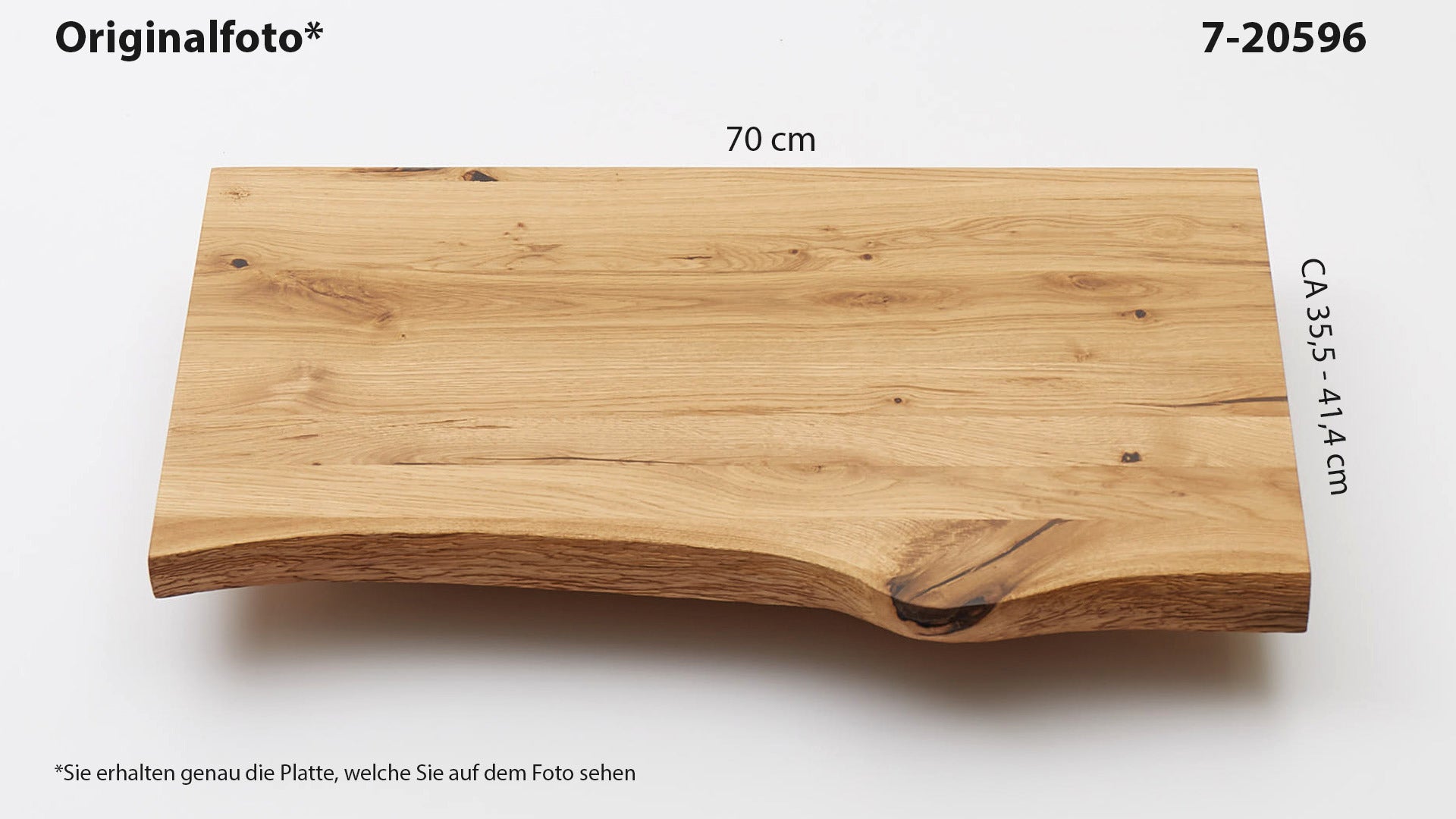 Eichenholz-Tischplatte Nummer 7-20596, Länge 70 cm cm, Breite ca. 35.5 cm–41.4 cm, mit gebürsteter Baumkante, geschliffen, 2 Schichten italienisches Öl, Äste und Risse mit Epoxidharz