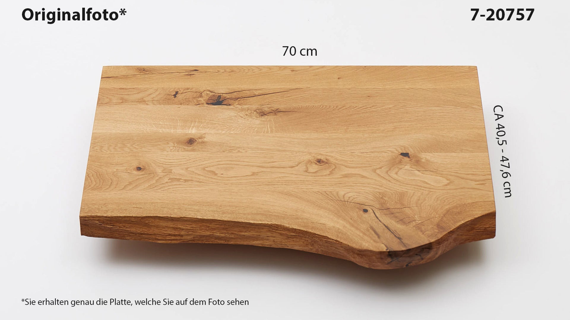 Eichenholz-Tischplatte Nummer 7-20757, Länge 70 cm cm, Breite ca. 40.5 cm–47.6 cm, mit gebürsteter Baumkante, geschliffen, 2 Schichten italienisches Öl, Äste und Risse mit Epoxidharz