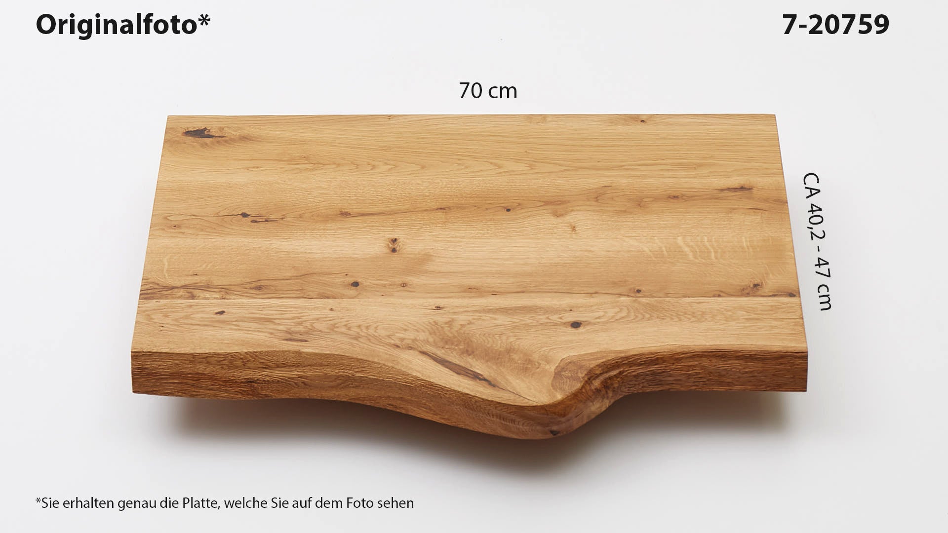 Eichenholz-Tischplatte Nummer 7-20759, Länge 70 cm cm, Breite ca. 40.2 cm–47 cm, mit gebürsteter Baumkante, geschliffen, 2 Schichten italienisches Öl, Äste und Risse mit Epoxidharz