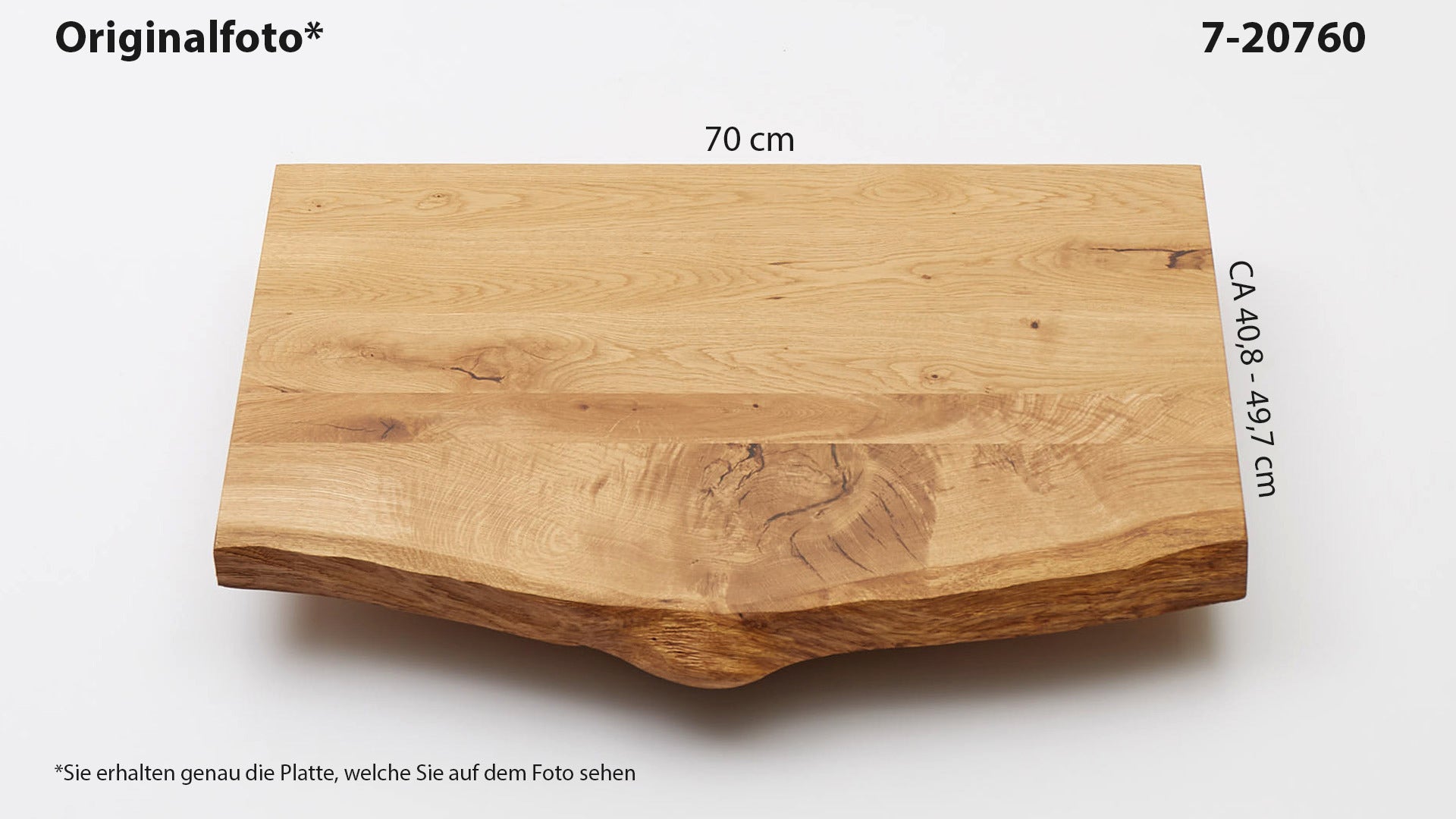 Eichenholz-Tischplatte Nummer 7-20760, Länge 70 cm cm, Breite ca. 40.8 cm–49.7 cm, mit gebürsteter Baumkante, geschliffen, 2 Schichten italienisches Öl, Äste und Risse mit Epoxidharz