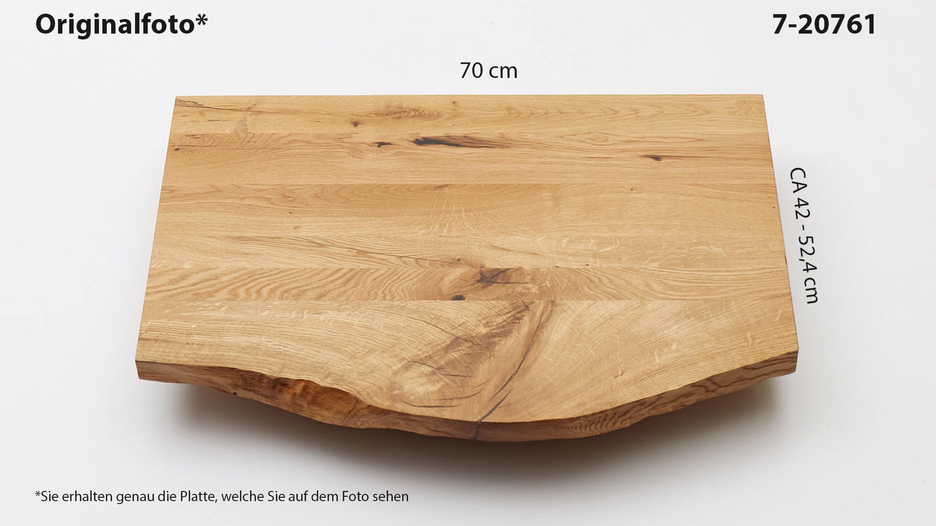 Eichenholz-Tischplatte Nummer 7-20761, Länge 70 cm cm, Breite ca. 42 cm–52.4 cm, mit gebürsteter Baumkante, geschliffen, 2 Schichten italienisches Öl, Äste und Risse mit Epoxidharz