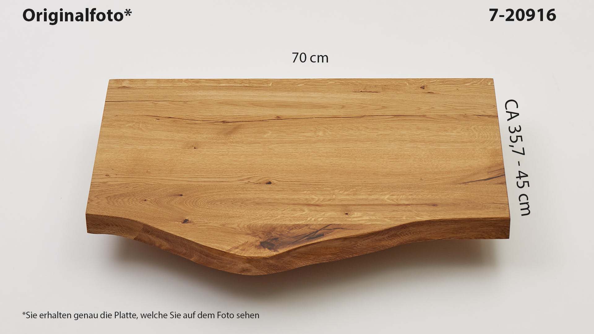 Eichenholz-Tischplatte Nummer 7-20916, Länge 70 cm cm, Breite ca. 35.7 cm–45 cm, mit gebürsteter Baumkante, geschliffen, 2 Schichten italienisches Öl, Äste und Risse mit Epoxidharz