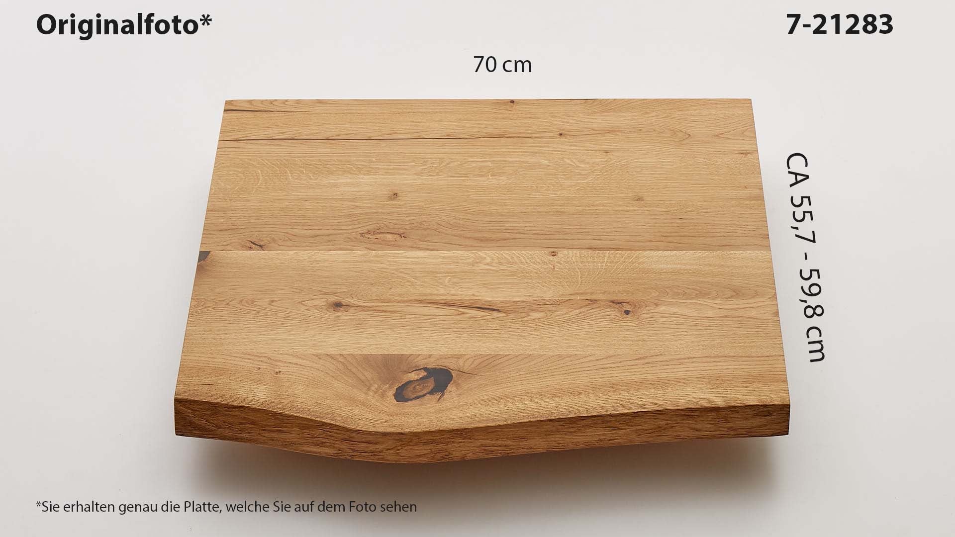 Eichenholz-Tischplatte Nummer 7-21283, Länge 70 cm cm, Breite ca. 55.7 cm–59.8 cm, mit gebürsteter Baumkante, geschliffen, 2 Schichten italienisches Öl, Äste und Risse mit Epoxidharz