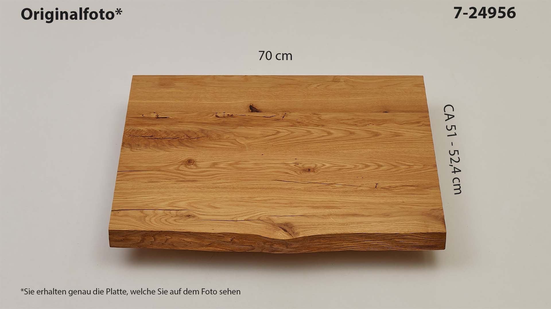 Eichenholz-Tischplatte Nummer 7-24956, Länge 70 cm cm, Breite ca. 51 cm–52.4 cm, mit gebürsteter Baumkante, geschliffen, 2 Schichten italienisches Öl, Äste und Risse mit Epoxidharz