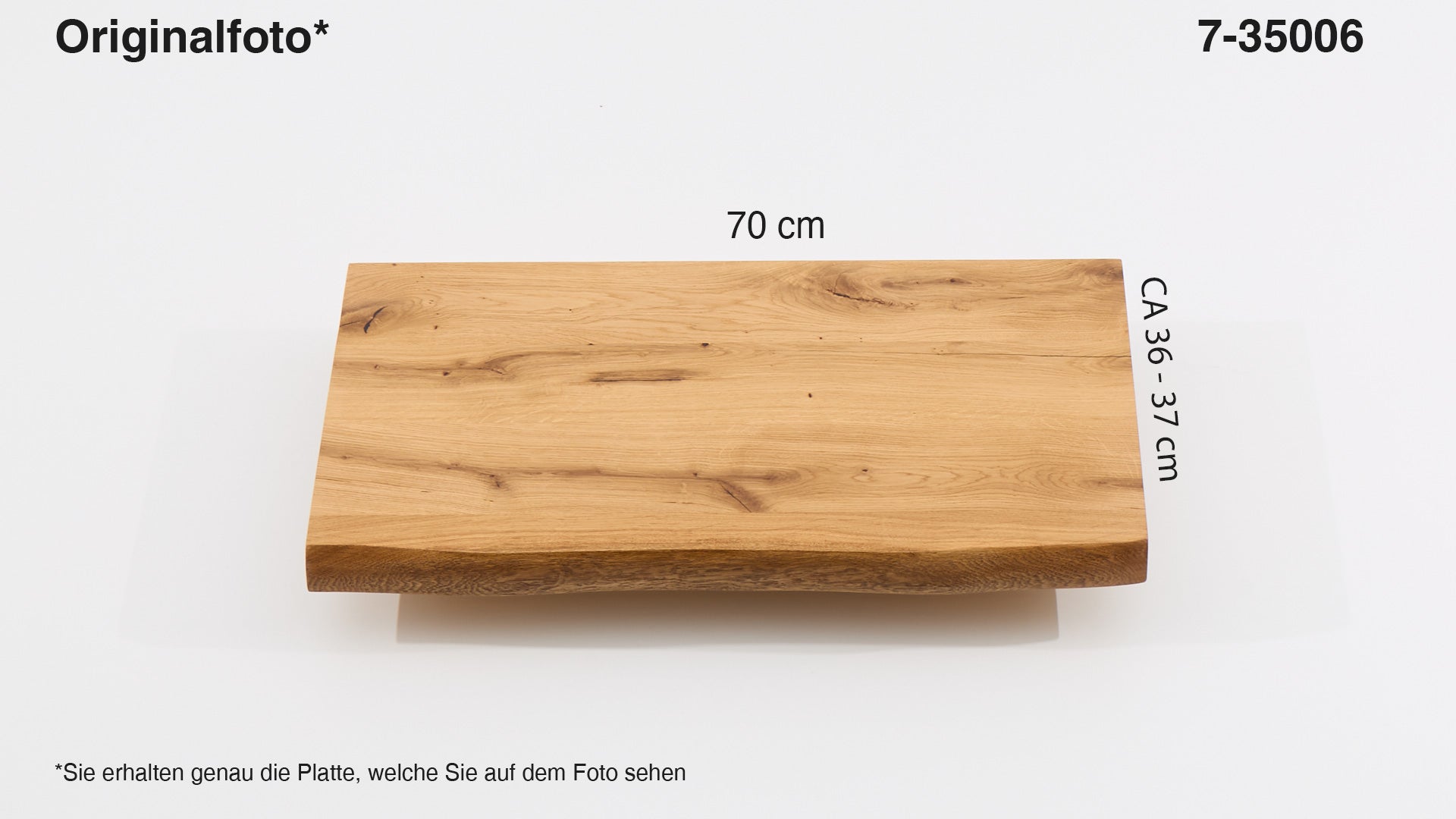 Eichenholz-Tischplatte Nummer 7-35006, Länge 70 cm cm, Breite ca. 36 cm–37 cm, mit gebürsteter Baumkante, geschliffen, 2 Schichten italienisches Öl, Äste und Risse mit Epoxidharz