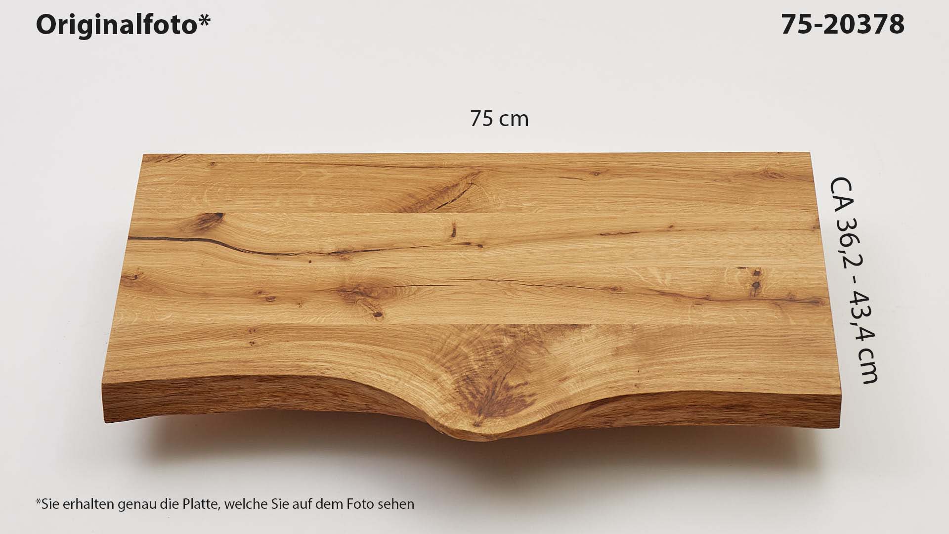 Eichenholz-Tischplatte Nummer 75-20378, Länge 75 cm cm, Breite ca. 36.2 cm–43.4 cm, mit gebürsteter Baumkante, geschliffen, 2 Schichten italienisches Öl, Äste und Risse mit Epoxidharz