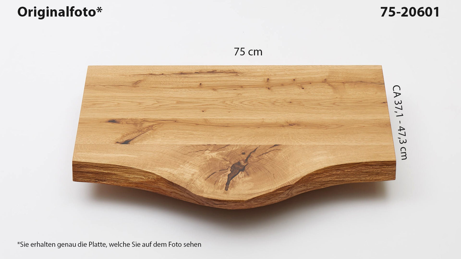 Eichenholz-Tischplatte Nummer 75-20601, Länge 75 cm cm, Breite ca. 37.1 cm–47.3 cm, mit gebürsteter Baumkante, geschliffen, 2 Schichten italienisches Öl, Äste und Risse mit Epoxidharz