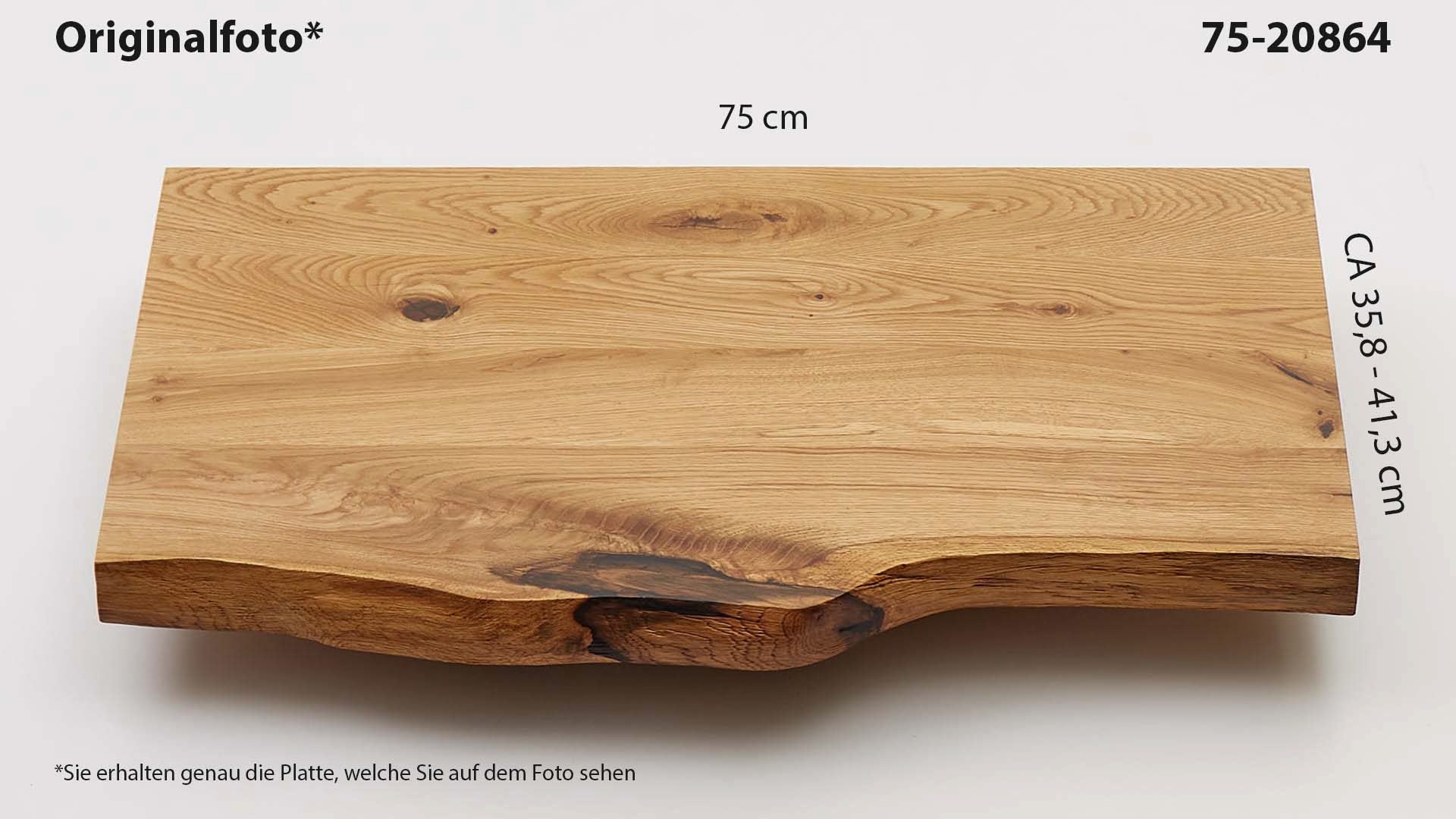 Eichenholz-Tischplatte Nummer 75-20864, Länge 75 cm cm, Breite ca. 35.8 cm–41.3 cm, mit gebürsteter Baumkante, geschliffen, 2 Schichten italienisches Öl, Äste und Risse mit Epoxidharz