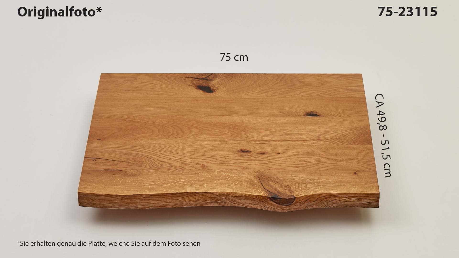 Eichenholz-Tischplatte Nummer 75-23115, Länge 75 cm cm, Breite ca. 49.8 cm–51.5 cm, mit gebürsteter Baumkante, geschliffen, 2 Schichten italienisches Öl, Äste und Risse mit Epoxidharz