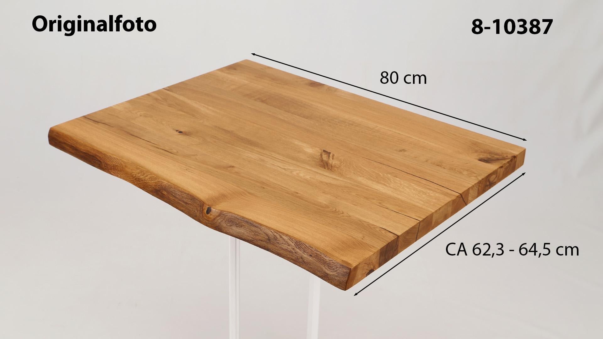 Eichenholz-Tischplatte Nummer 8-10387, Länge 80 cm cm, Breite ca. 62.3 cm–64.5 cm, mit gebürsteter Baumkante, geschliffen, 2 Schichten italienisches Öl, Äste und Risse mit Epoxidharz