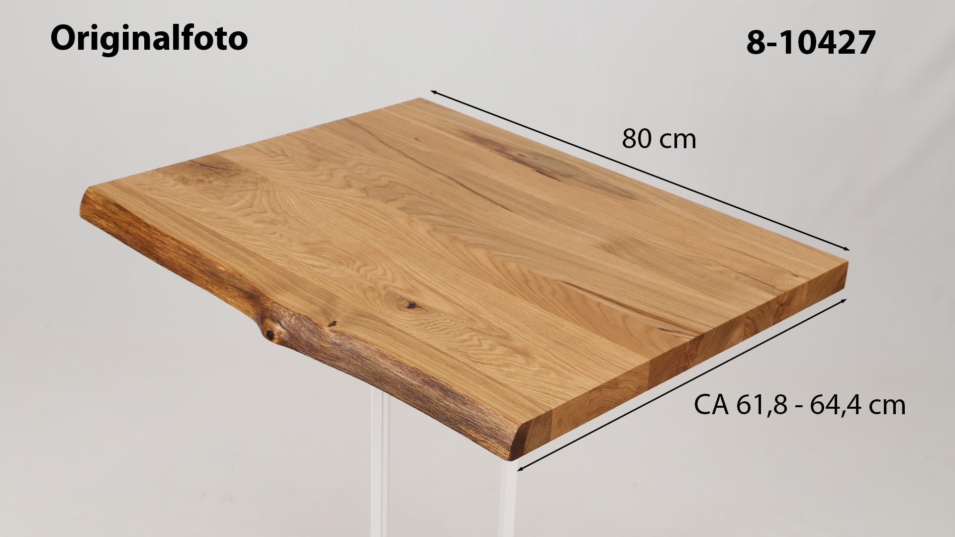 Eichenholz-Tischplatte Nummer 8-10427, Länge 80 cm cm, Breite ca. 61.8 cm–64.4 cm, mit gebürsteter Baumkante, geschliffen, 2 Schichten italienisches Öl, Äste und Risse mit Epoxidharz